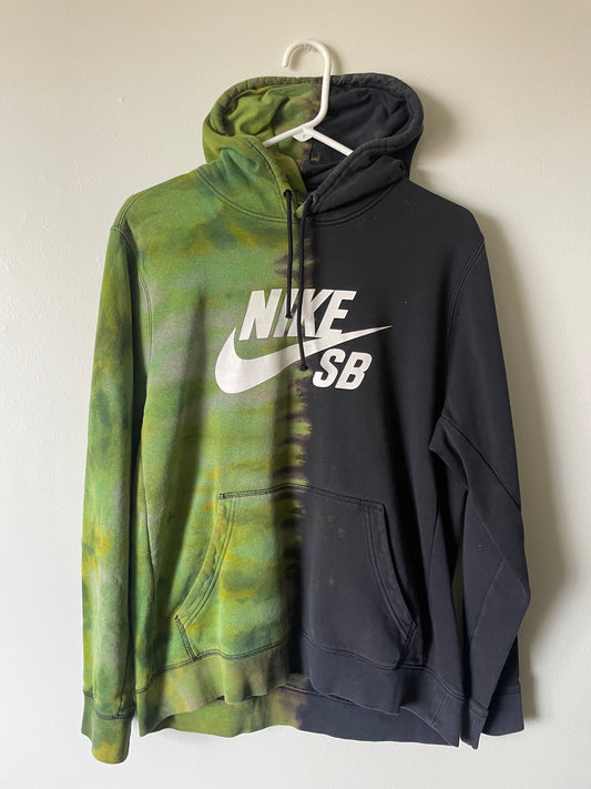 Large Men's Nike SB Reverse Tie Dye Hoodie | One-Of-a-Kind Upcycled Black and Green Half-and-Half Sweatshirt