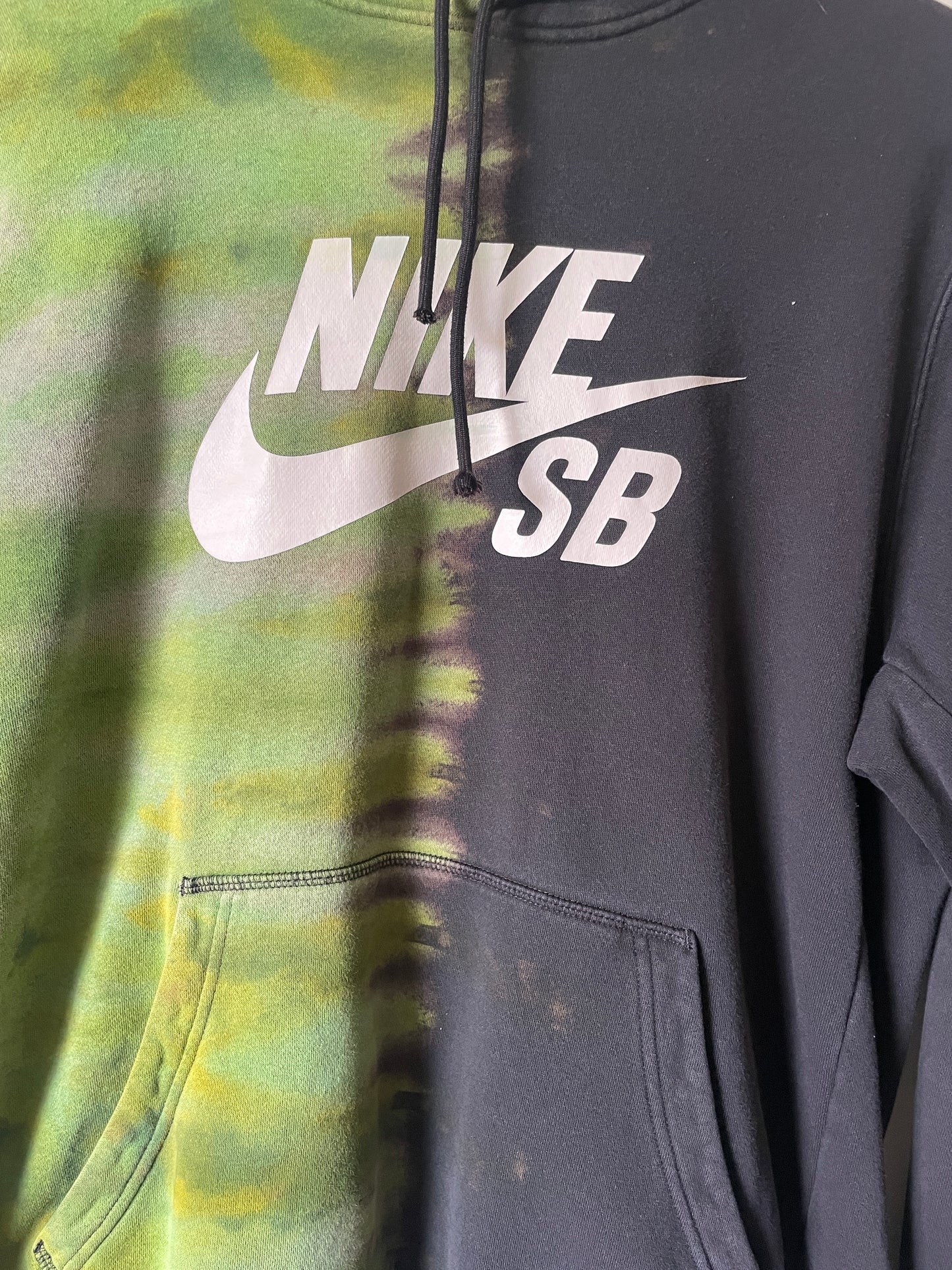 Large Men's Nike SB Reverse Tie Dye Hoodie | One-Of-a-Kind Upcycled Black and Green Half-and-Half Sweatshirt