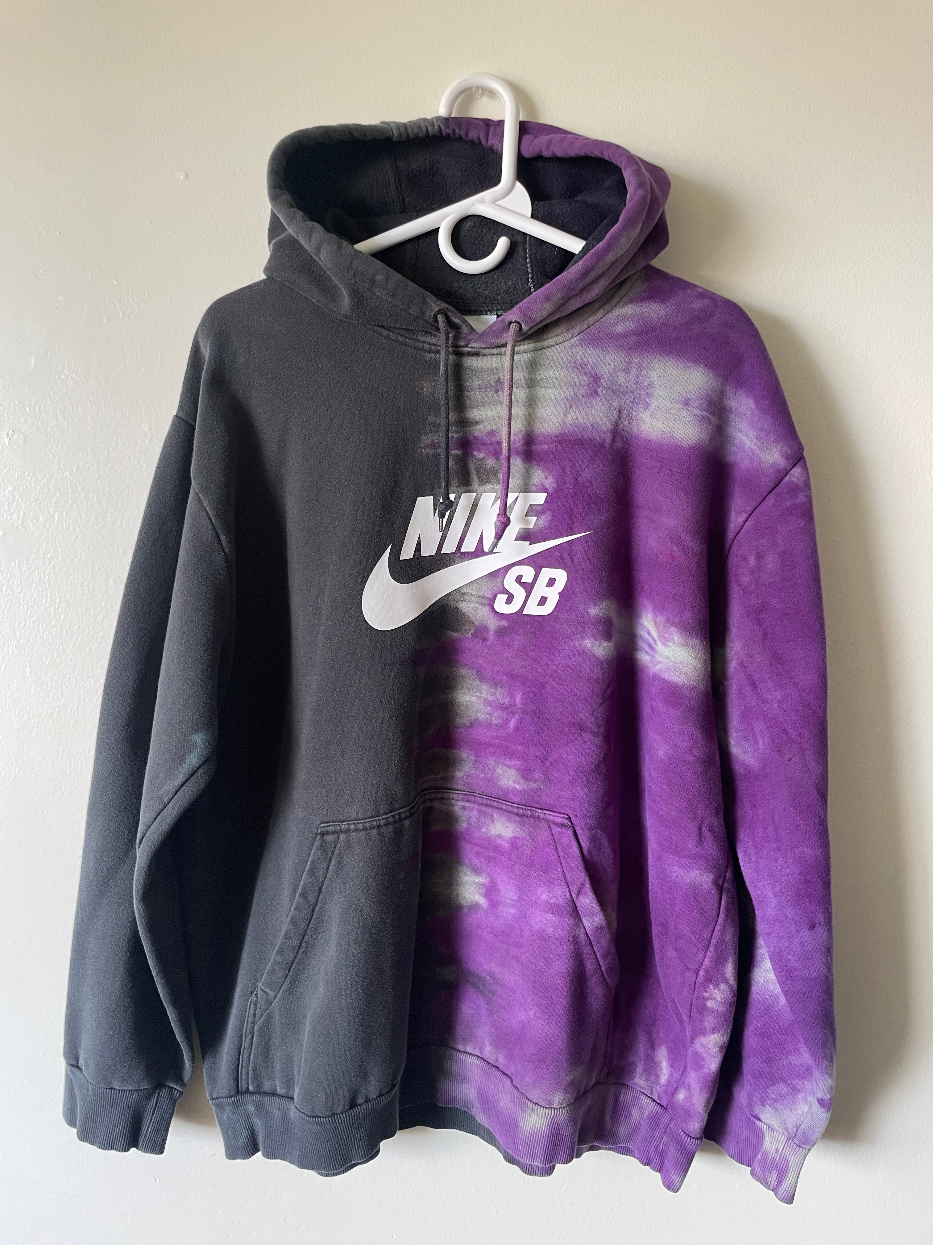 XL Men's Nike SB Reverse Tie Dye Hoodie | One-Of-a-Kind Upcycled Black and Purple Half-and-Half Sweatshirt