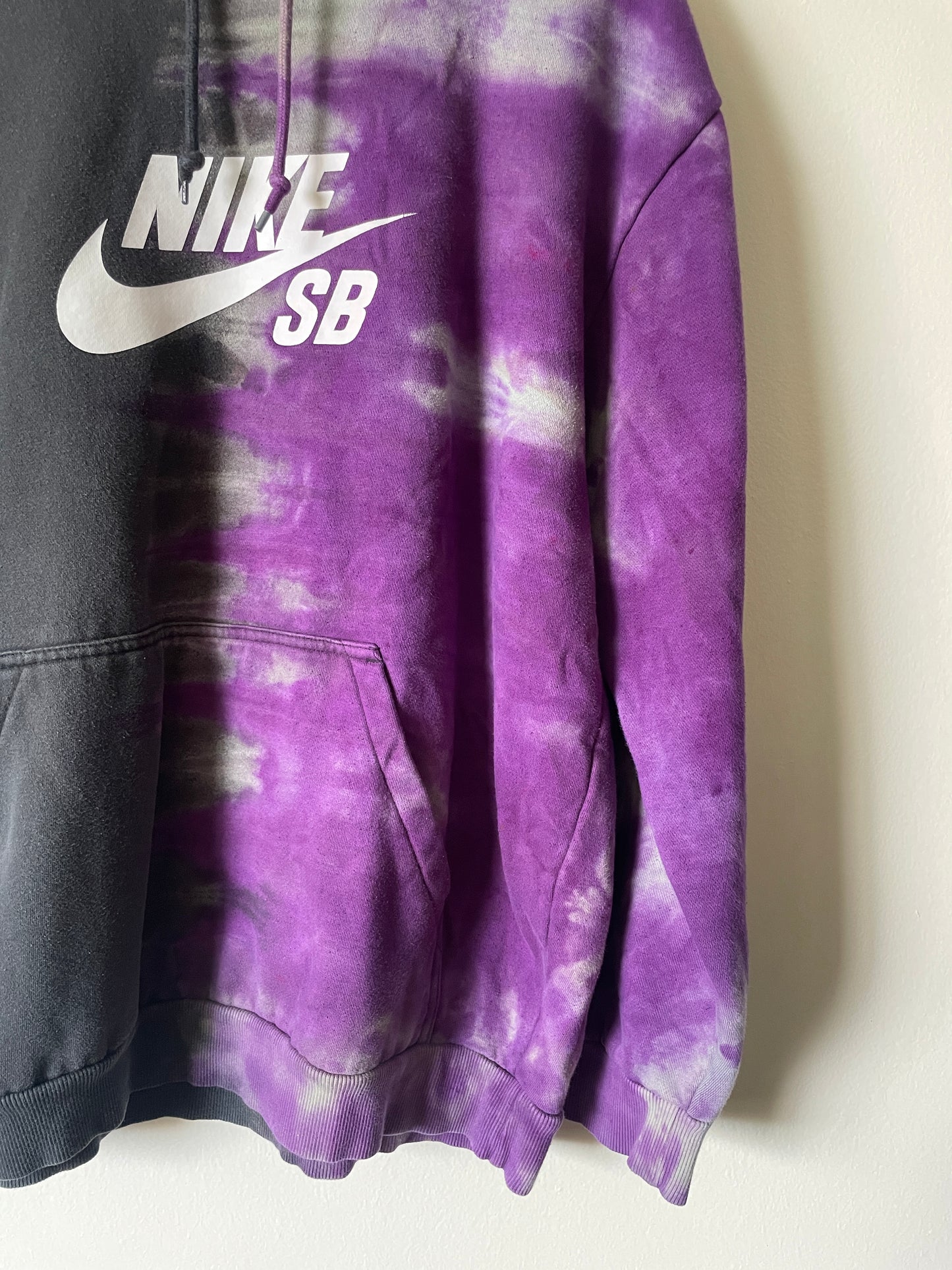 XL Men's Nike SB Reverse Tie Dye Hoodie | One-Of-a-Kind Upcycled Black and Purple Half-and-Half Sweatshirt