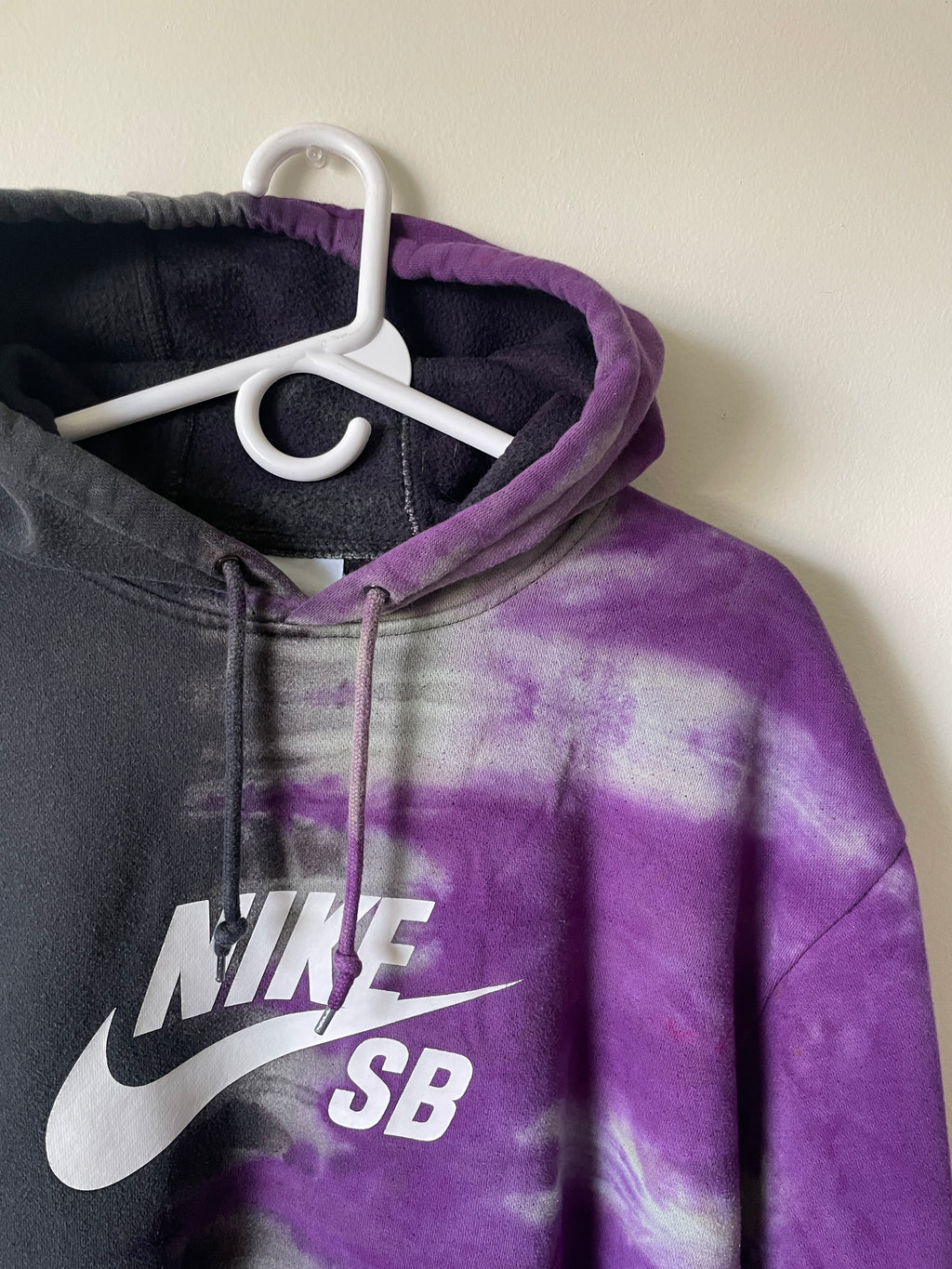 XL Men's Nike SB Reverse Tie Dye Hoodie | One-Of-a-Kind Upcycled Black and Purple Half-and-Half Sweatshirt