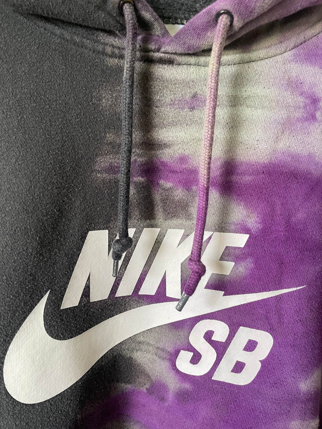 XL Men's Nike SB Reverse Tie Dye Hoodie | One-Of-a-Kind Upcycled Black and Purple Half-and-Half Sweatshirt