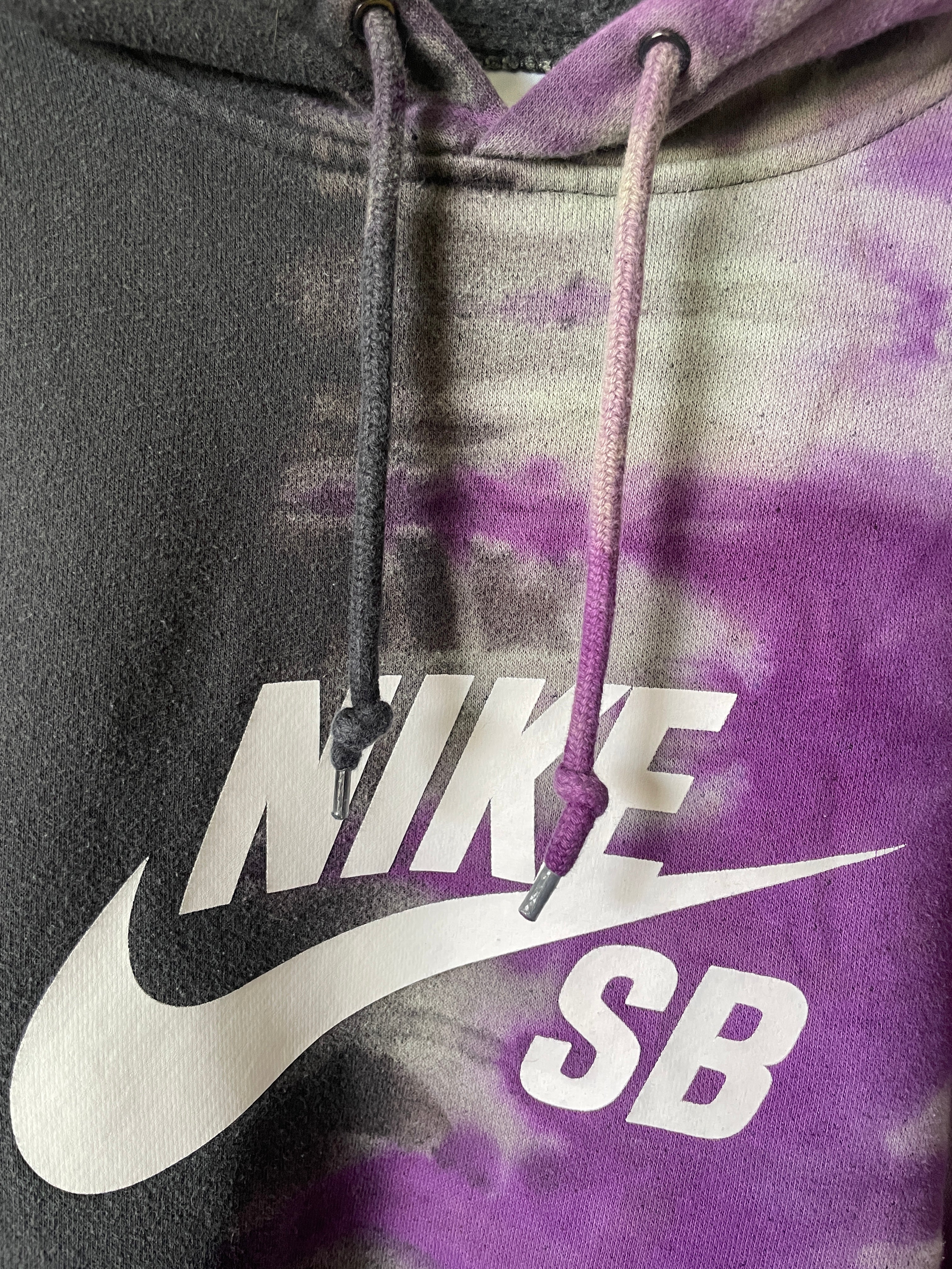 XL Men's Nike SB Reverse Tie Dye Hoodie | One-Of-a-Kind Upcycled Black and Purple Half-and-Half Sweatshirt