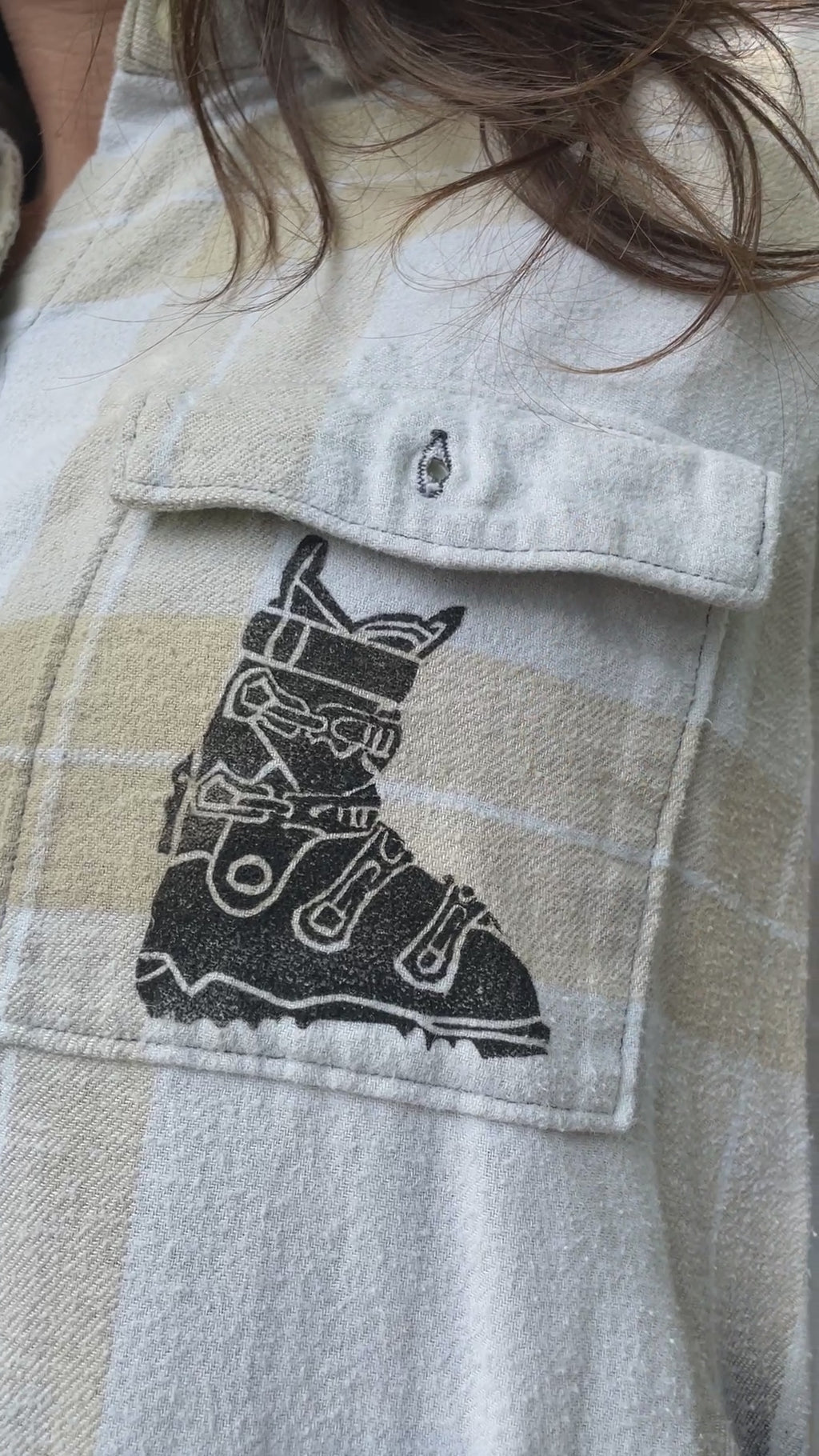 LARGE Women’s Old Navy Handmade Dip Dyed Flannel Shirt | One-Of-a-Kind Upcycled Long Sleeve with Ski Boot Block Print