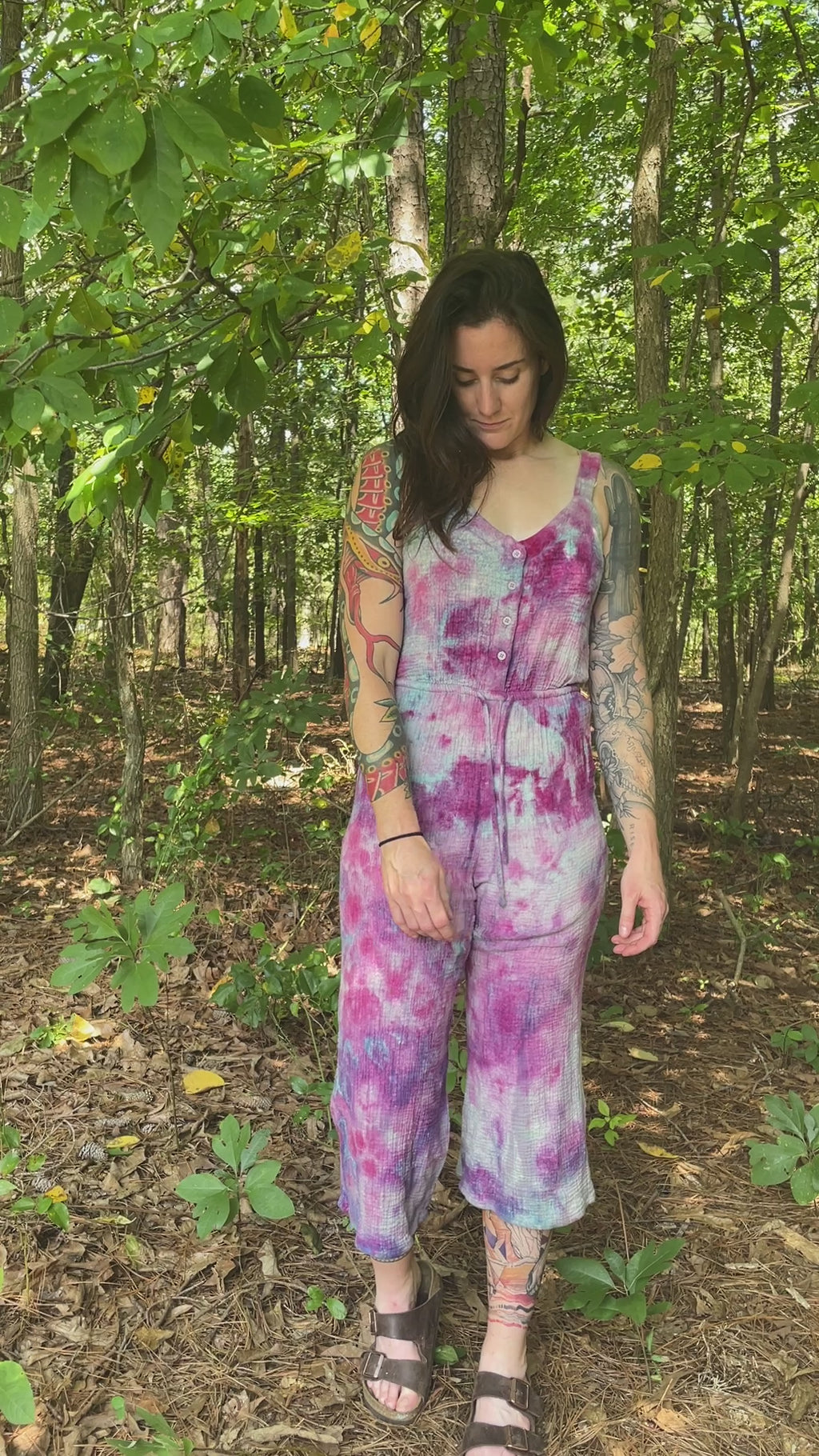 MEDIUM Women's Handmade Galaxy Dye Jumpsuit | One-of-a-Kind Pink and Blue Sleeveless Jumpsuit