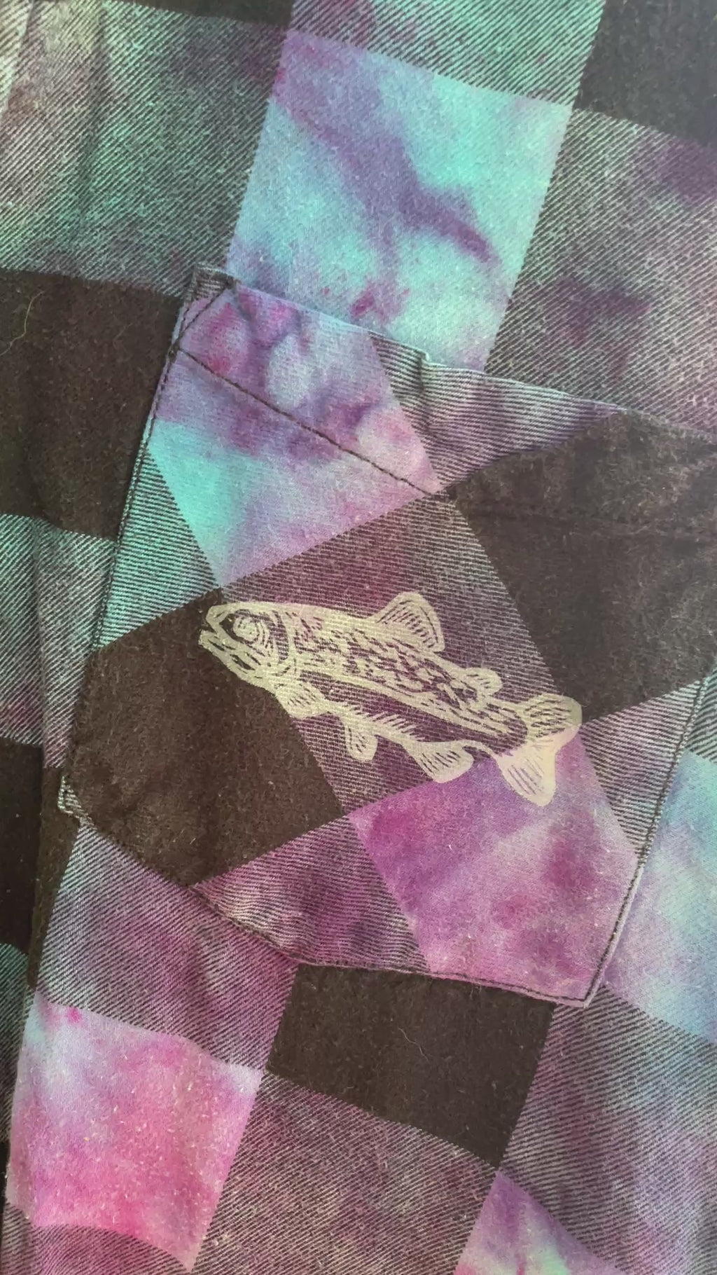 LARGE Women’s Arizona Jeans Grunge Handmade Tie Dye Flannel Shirt | One-Of-a-Kind Upcycled Long Sleeve with Trout Block Print