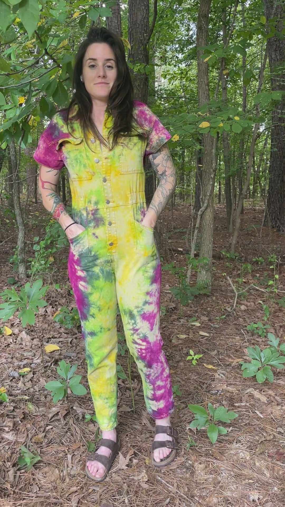 SMALL Women's Handmade Tie Dye Jumpsuit (WITH POCKETS) | One-of-a-Kind Yellow and Green Denim Coveralls