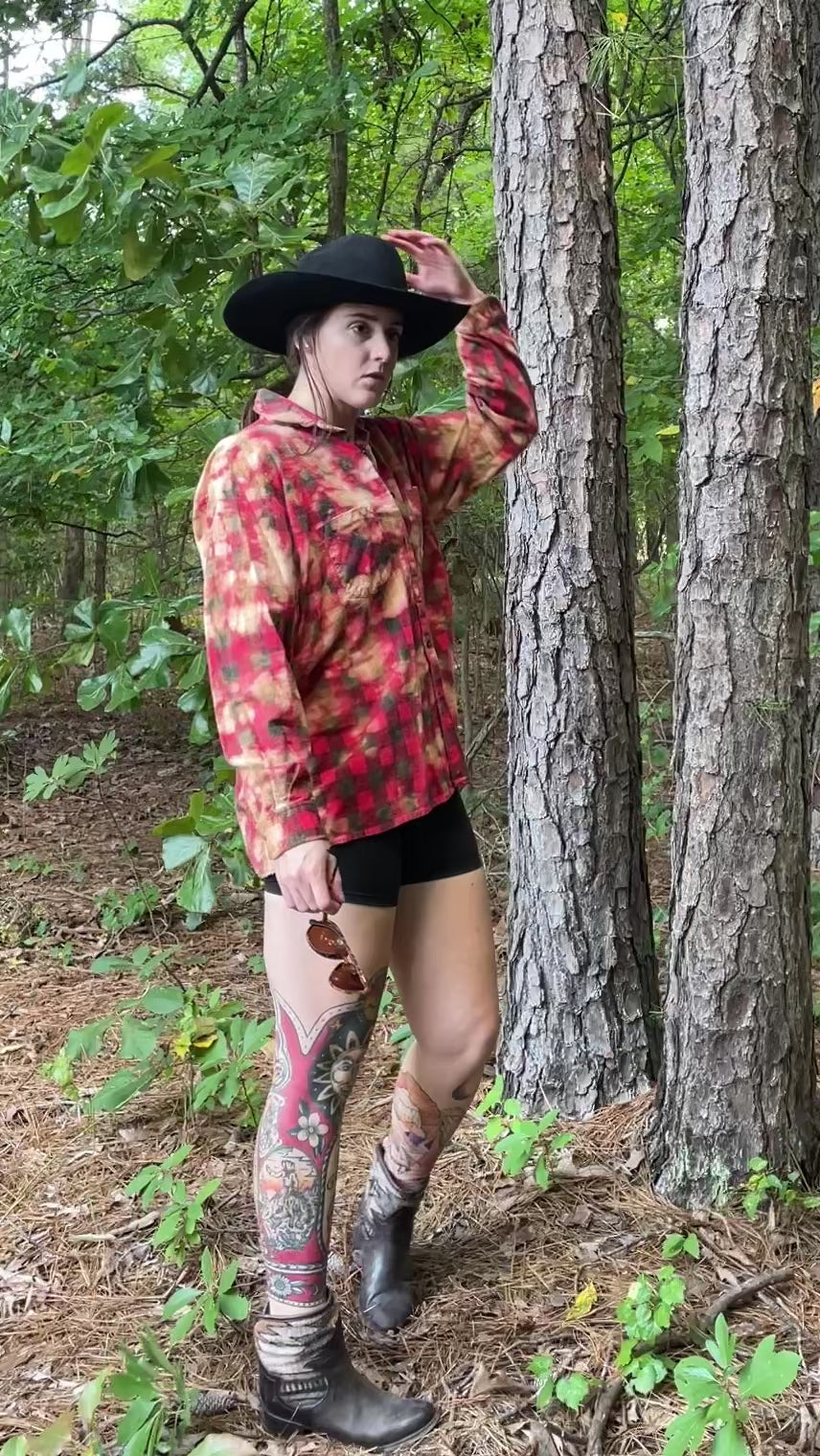 XL Men's Saucatuk Handmade Bleach Dye Buffalo Plaid Flannel Shirt | One-Of-a-Kind Upcycled Long Sleeve with Ski Boot Block Print