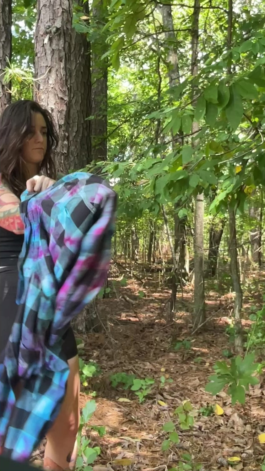 LARGE Women’s Arizona Jeans Grunge Handmade Tie Dye Flannel Shirt | One-Of-a-Kind Upcycled Long Sleeve with Trout Block Print