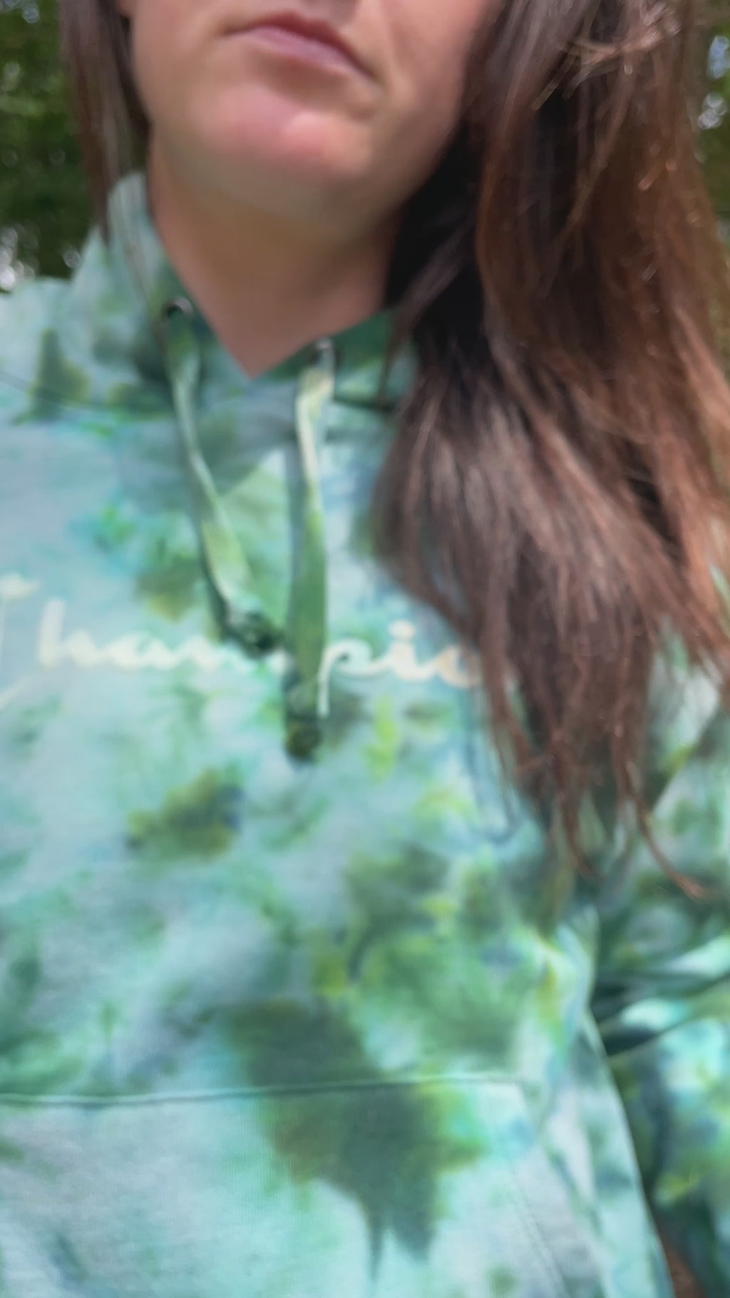 Small Women's Champion Tie Dye Long Sleeve Pullover Hoodie | One-Of-a-Kind Upcycled Green and Blue Sweatshirt