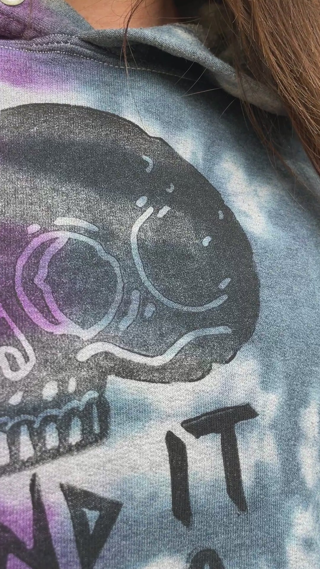 Medium Men's Send It Skull Tie Dye Hoodie | One-of-a-Kind Hand-Printed Purple and Blue Sweatshirt