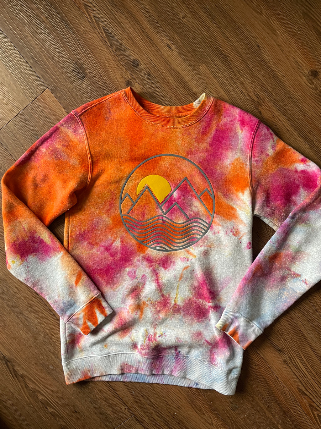 MEDIUM Unisex Mountain Sunrise Handmade Tie Dye Sweatshirt | Orange and Pink Ice Dye Galaxy Long Sleeve