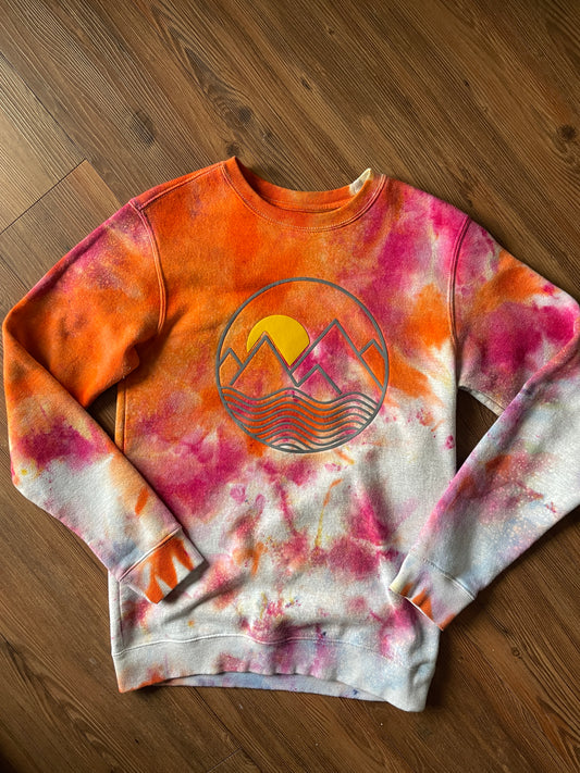 MEDIUM Unisex Mountain Sunrise Handmade Tie Dye Sweatshirt | Orange and Pink Ice Dye Galaxy Long Sleeve