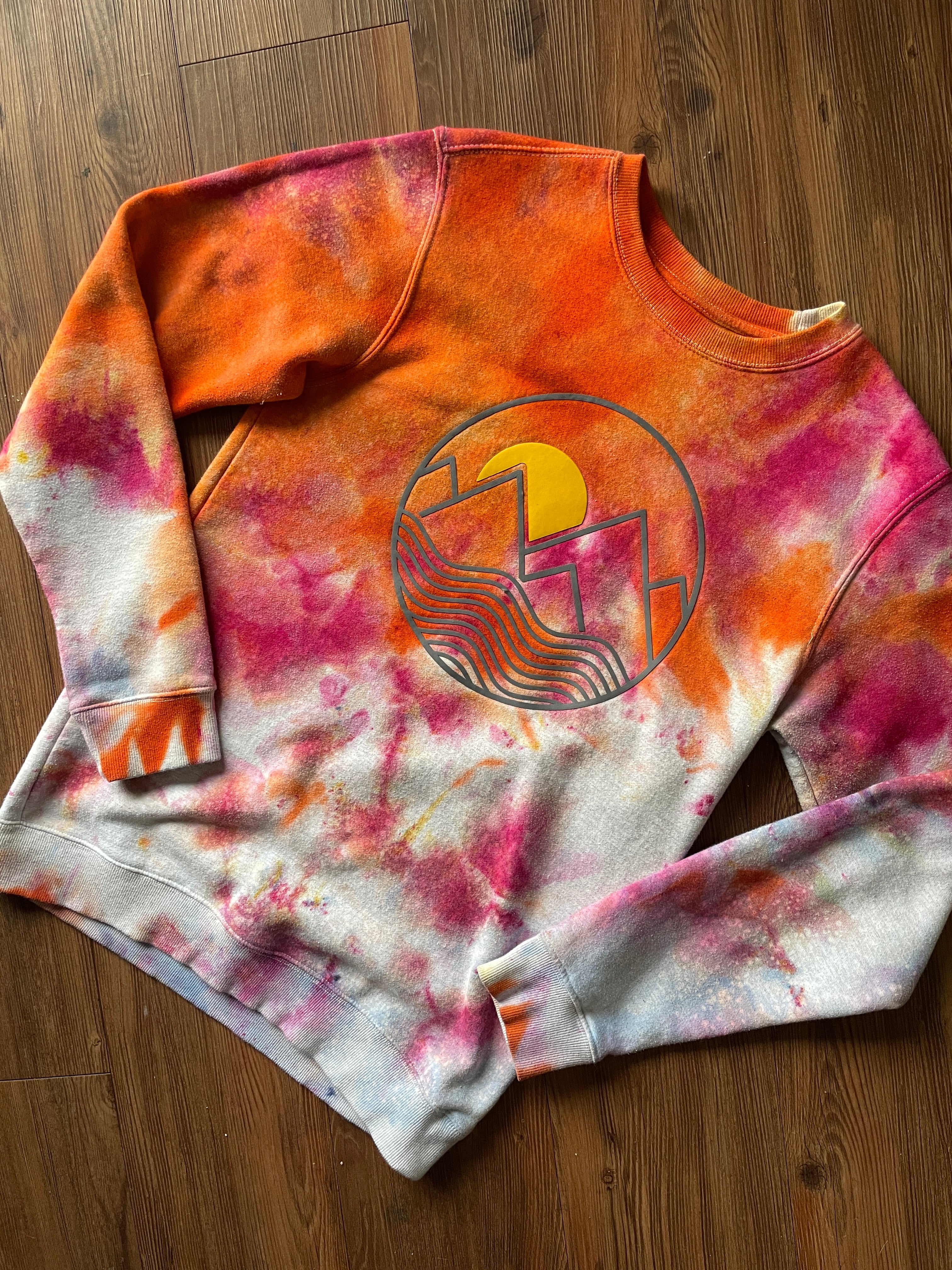 MEDIUM Unisex Mountain Sunrise Handmade Tie Dye Sweatshirt | Orange and Pink Ice Dye Galaxy Long Sleeve