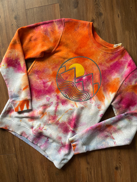 MEDIUM Unisex Mountain Sunrise Handmade Tie Dye Sweatshirt | Orange and Pink Ice Dye Galaxy Long Sleeve