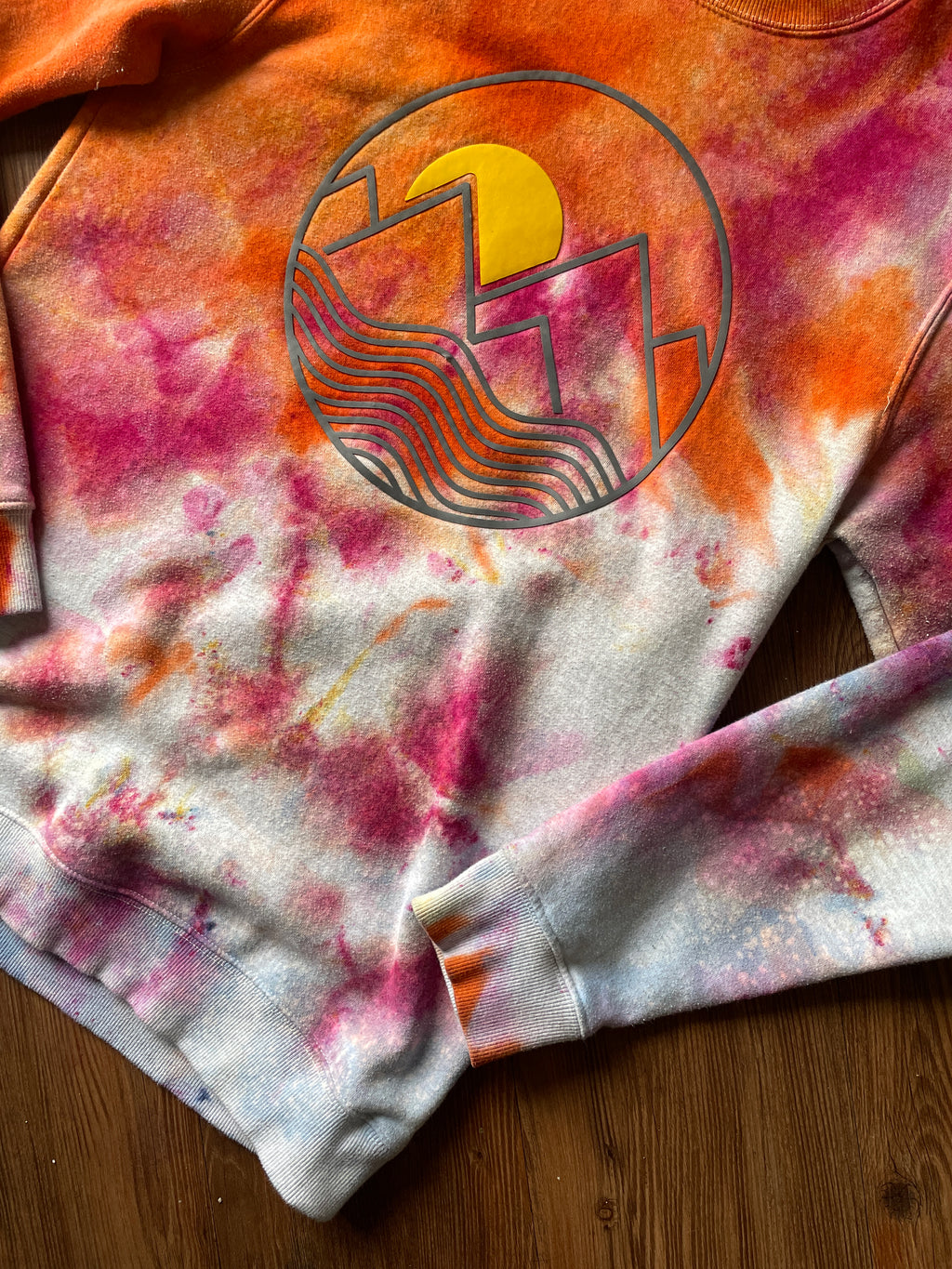 MEDIUM Unisex Mountain Sunrise Handmade Tie Dye Sweatshirt | Orange and Pink Ice Dye Galaxy Long Sleeve