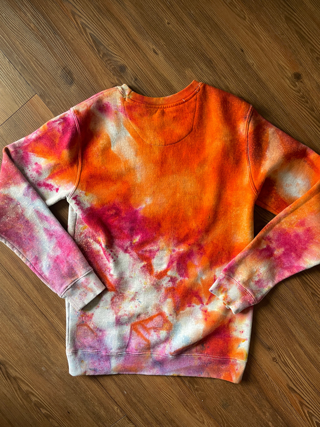 MEDIUM Unisex Mountain Sunrise Handmade Tie Dye Sweatshirt | Orange and Pink Ice Dye Galaxy Long Sleeve