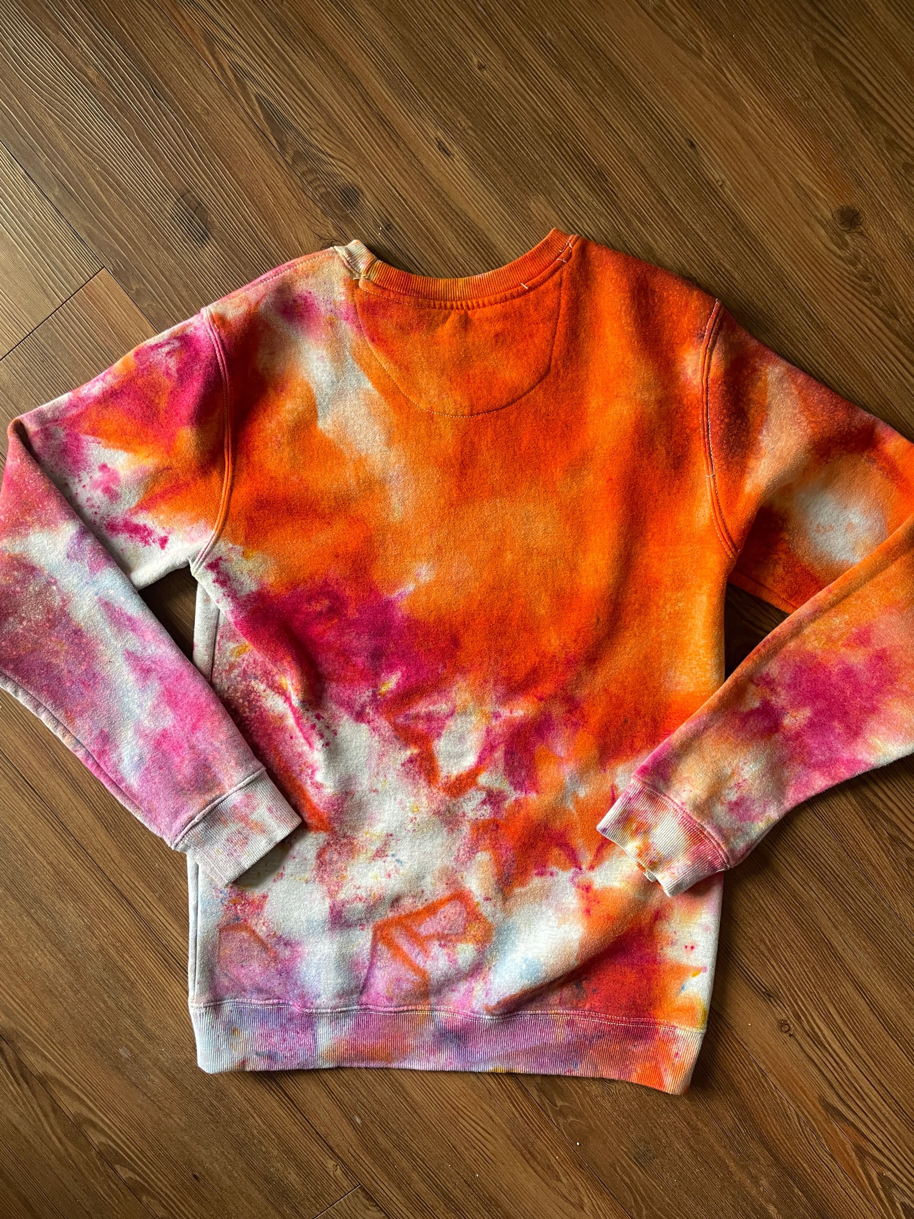 MEDIUM Unisex Mountain Sunrise Handmade Tie Dye Sweatshirt | Orange and Pink Ice Dye Galaxy Long Sleeve