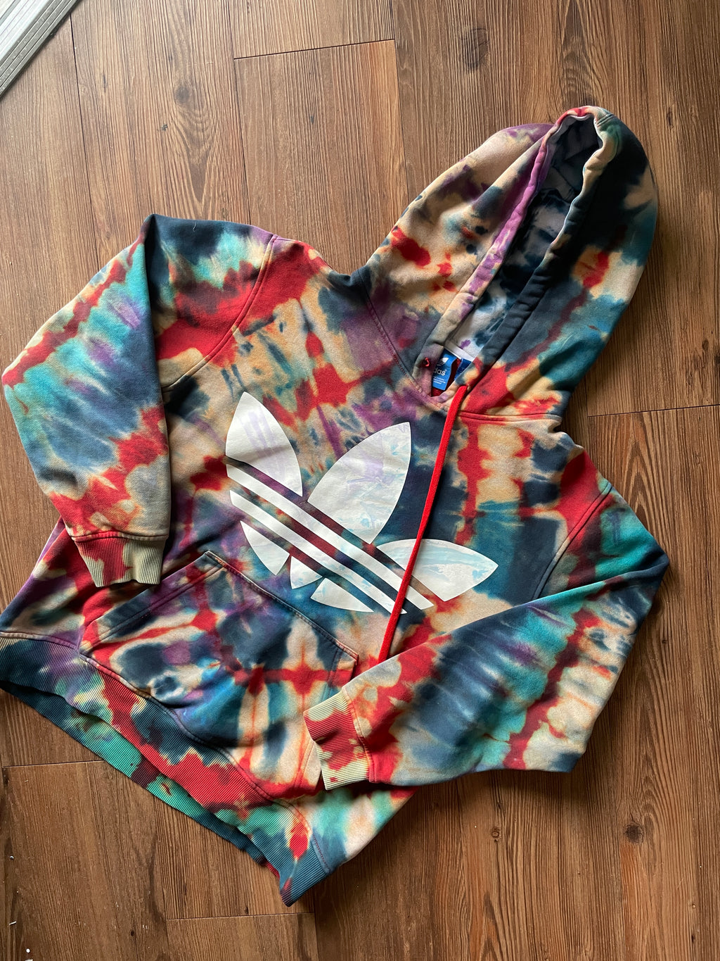 MEDIUM Men’s adidas Red, White, and Blue Handmade Tie Dye Sweatshirt | Three Stripes Hoodie