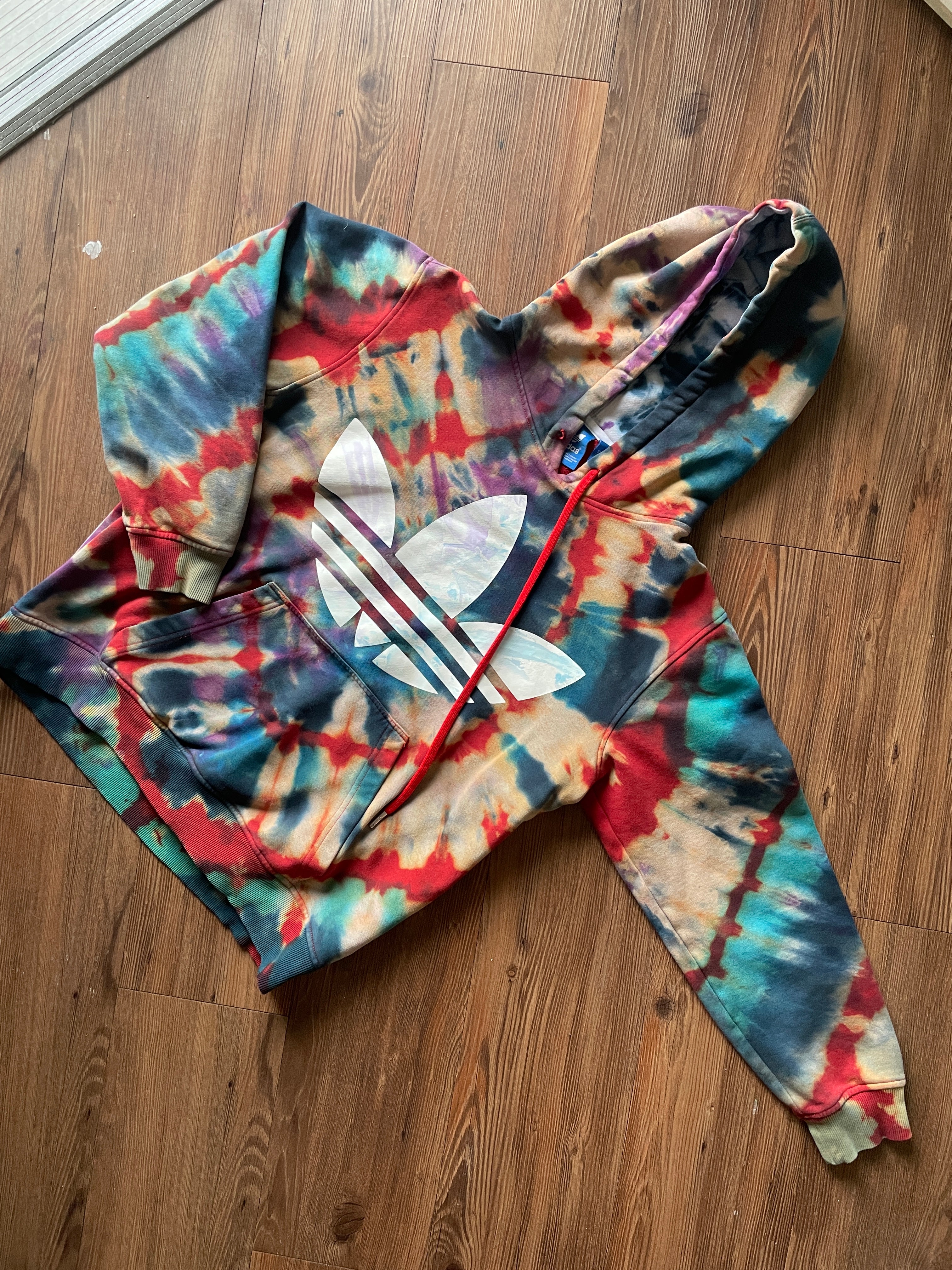 MEDIUM Men’s adidas Red, White, and Blue Handmade Tie Dye Sweatshirt | Three Stripes Hoodie