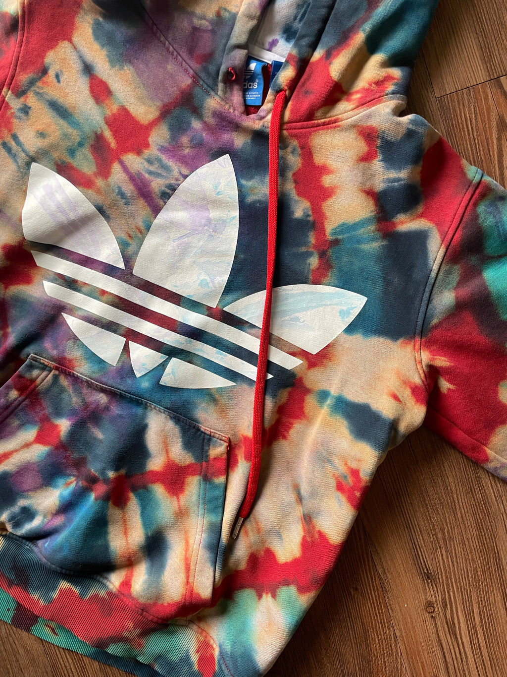 MEDIUM Men’s adidas Red, White, and Blue Handmade Tie Dye Sweatshirt | Three Stripes Hoodie
