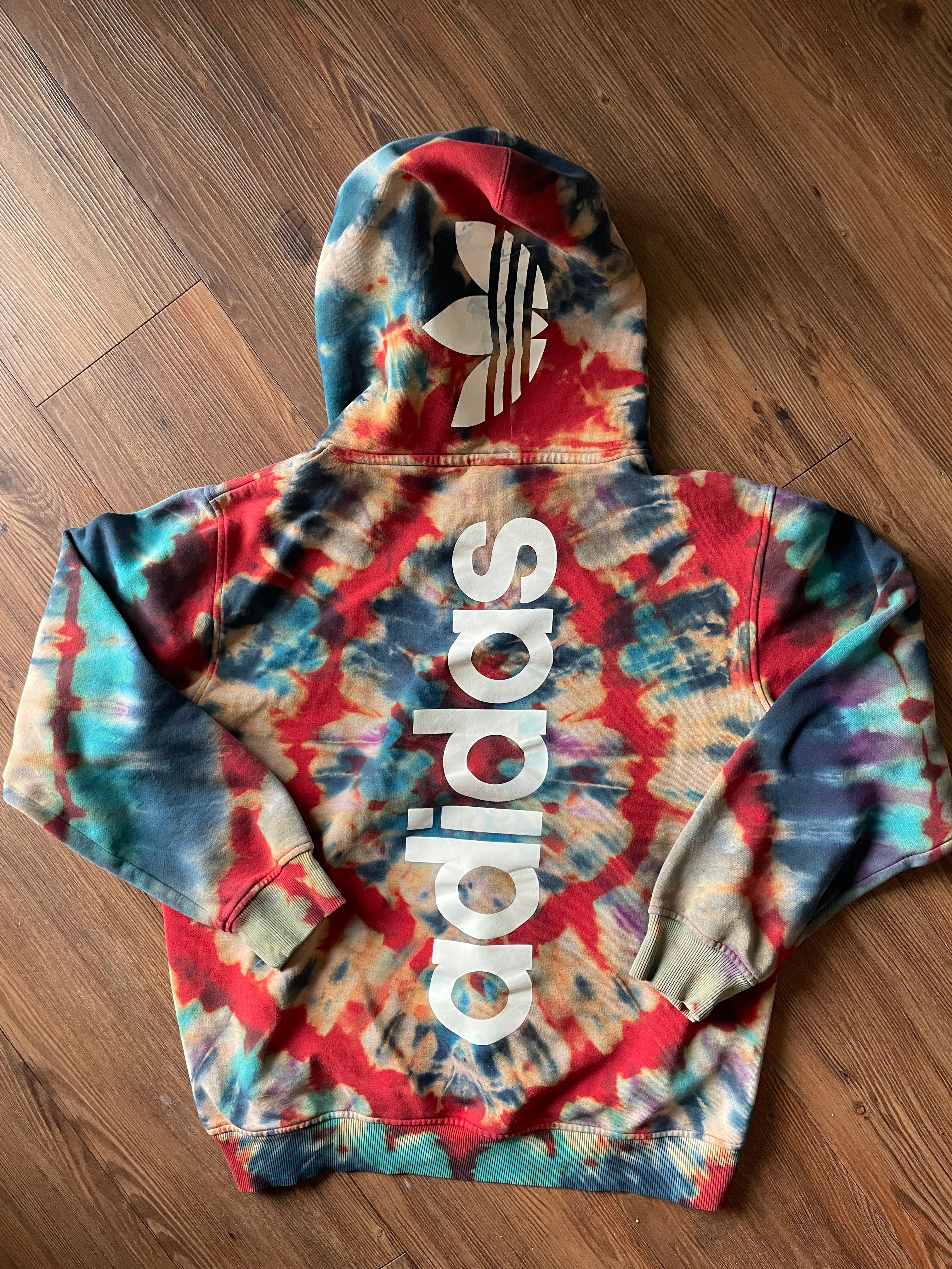 MEDIUM Men’s adidas Red, White, and Blue Handmade Tie Dye Sweatshirt | Three Stripes Hoodie
