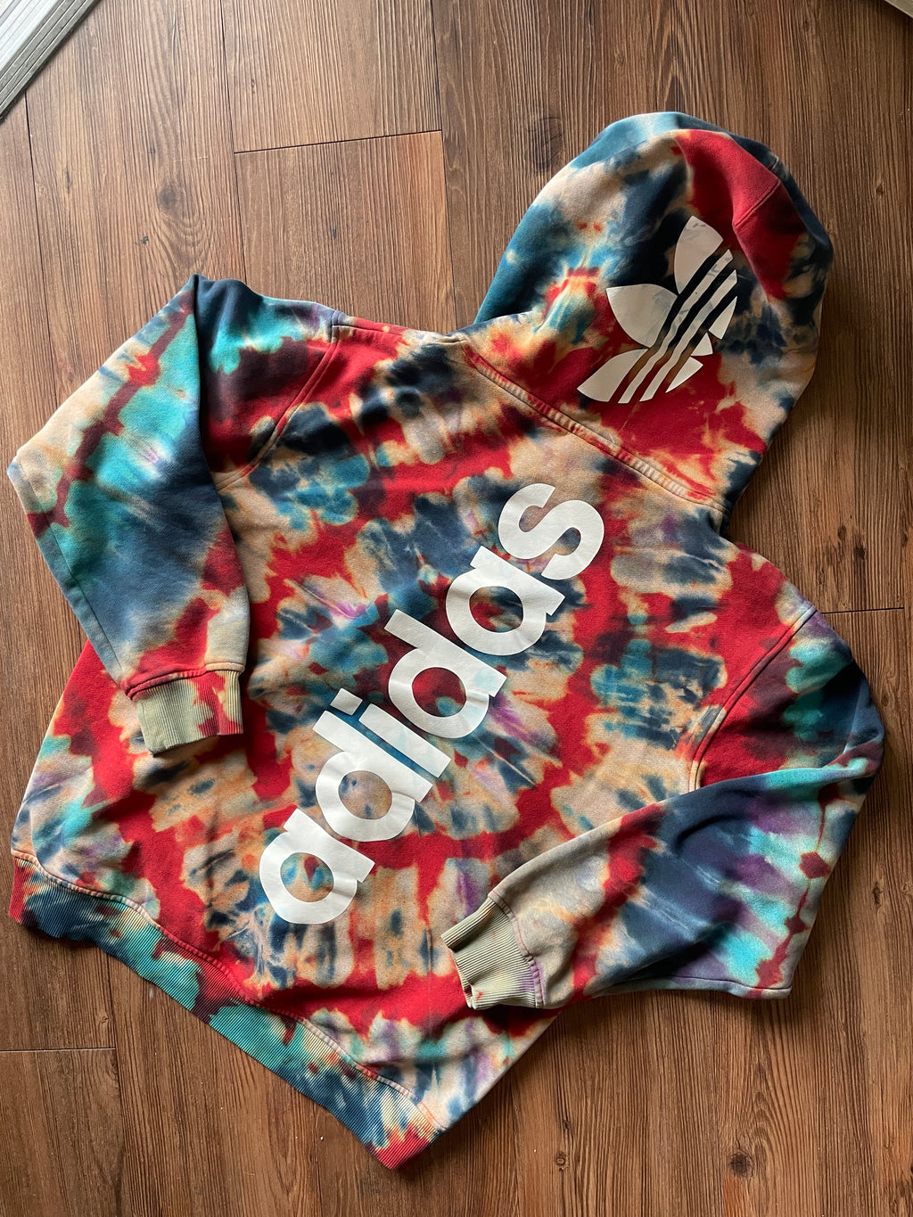 MEDIUM Men’s adidas Red, White, and Blue Handmade Tie Dye Sweatshirt | Three Stripes Hoodie