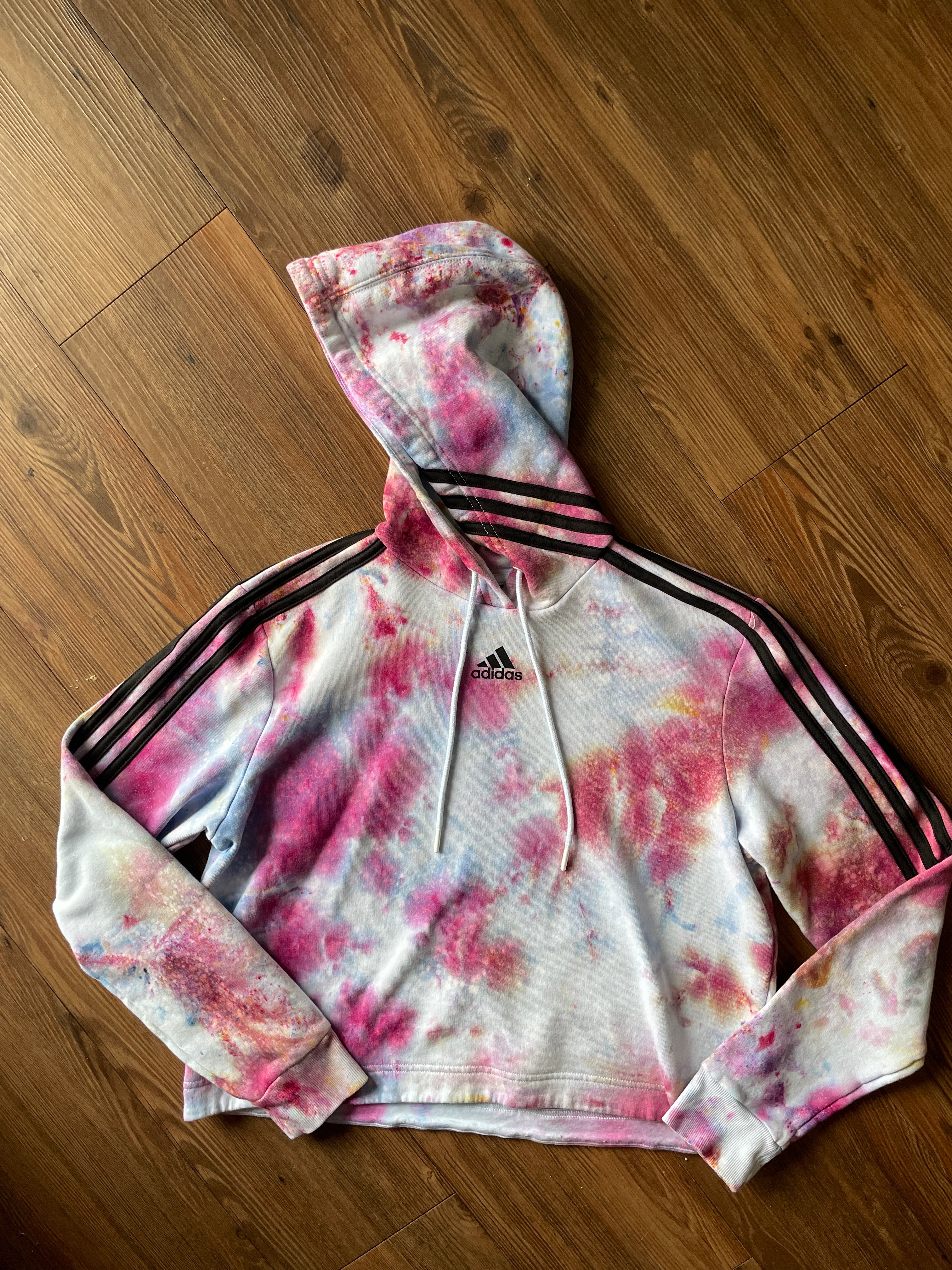 MEDIUM Women’s adidas Pastel Galaxy Handmade Tie Dye Cropped Length Sweatshirt | Pastel Pink and Purple Ice Dye Long Sleeve Hoodie