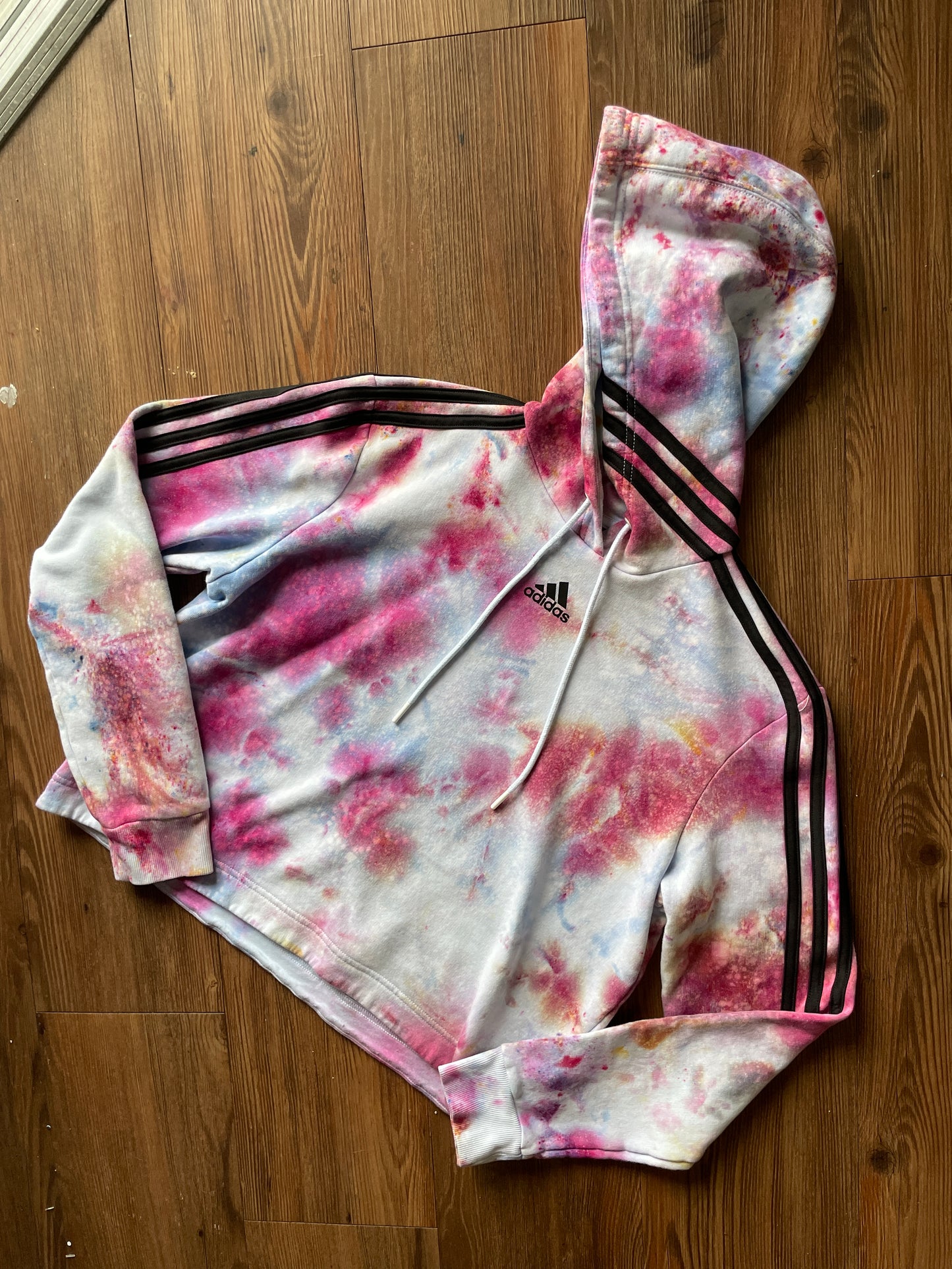 MEDIUM Women’s adidas Pastel Galaxy Handmade Tie Dye Cropped Length Sweatshirt | Pastel Pink and Purple Ice Dye Long Sleeve Hoodie