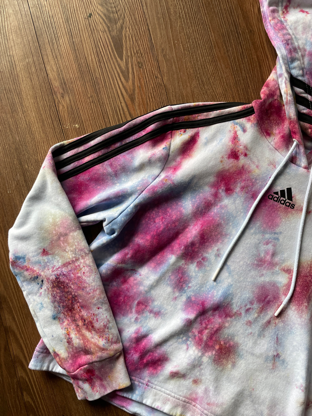 MEDIUM Women’s adidas Pastel Galaxy Handmade Tie Dye Cropped Length Sweatshirt | Pastel Pink and Purple Ice Dye Long Sleeve Hoodie