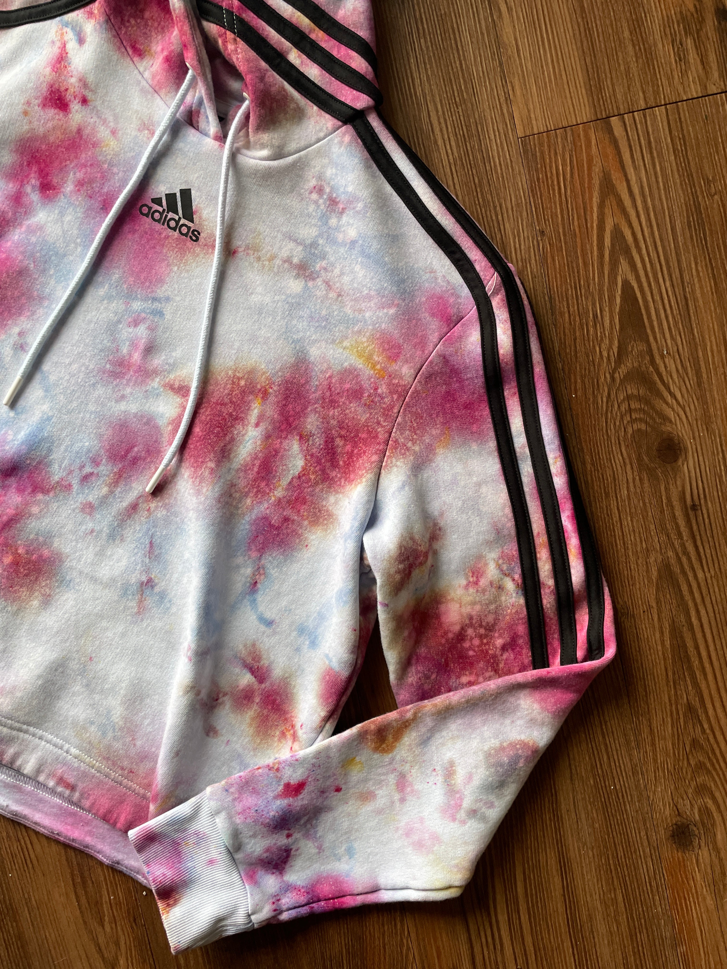 MEDIUM Women’s adidas Pastel Galaxy Handmade Tie Dye Cropped Length Sweatshirt | Pastel Pink and Purple Ice Dye Long Sleeve Hoodie