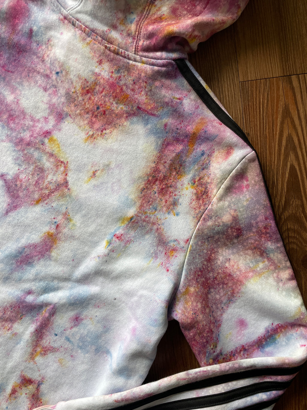MEDIUM Women’s adidas Pastel Galaxy Handmade Tie Dye Cropped Length Sweatshirt | Pastel Pink and Purple Ice Dye Long Sleeve Hoodie
