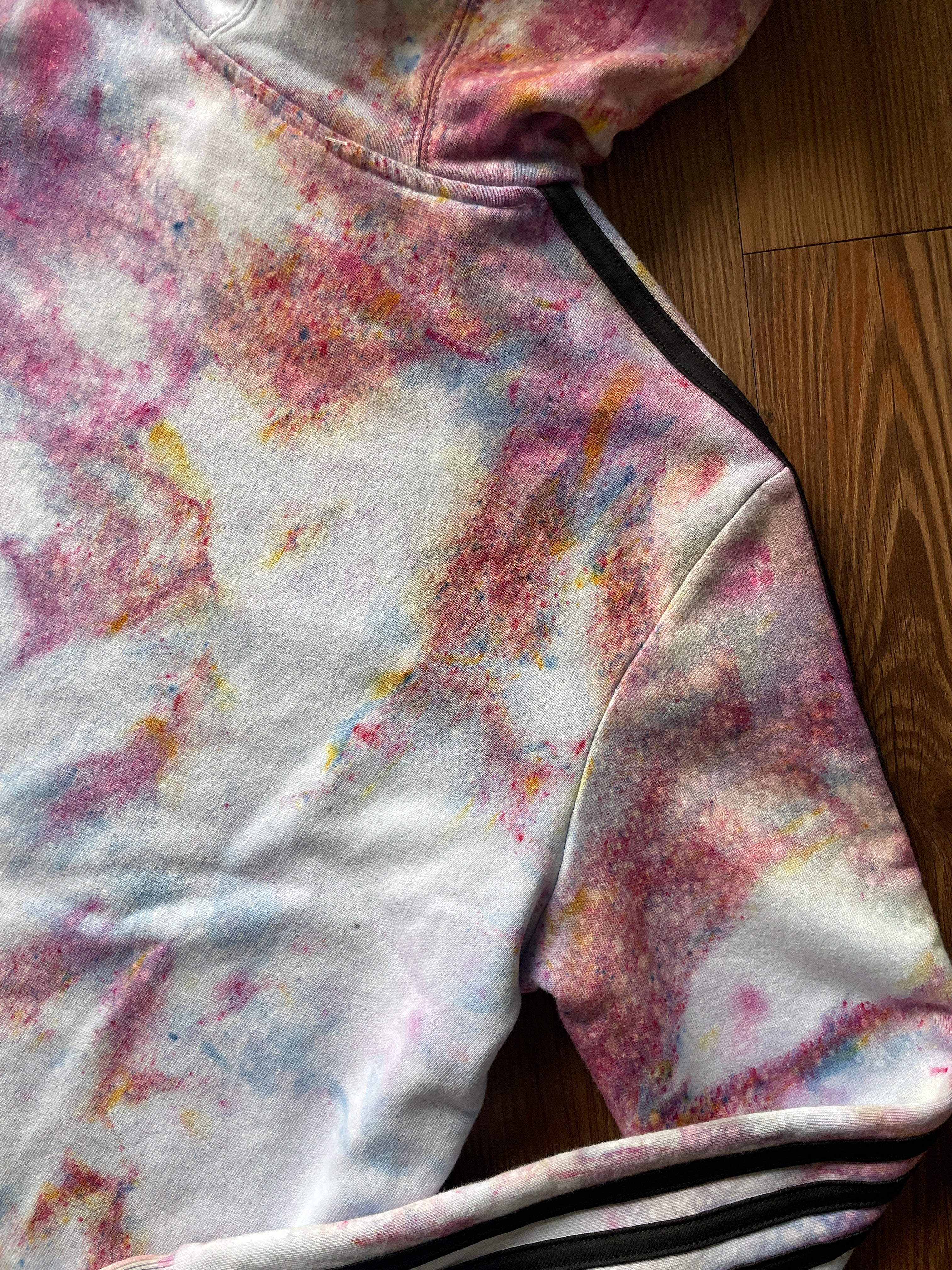 MEDIUM Women’s adidas Pastel Galaxy Handmade Tie Dye Cropped Length Sweatshirt | Pastel Pink and Purple Ice Dye Long Sleeve Hoodie