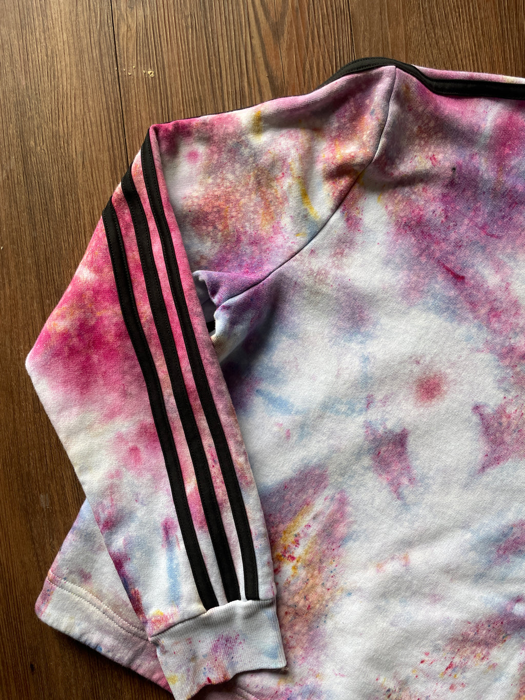 MEDIUM Women’s adidas Pastel Galaxy Handmade Tie Dye Cropped Length Sweatshirt | Pastel Pink and Purple Ice Dye Long Sleeve Hoodie