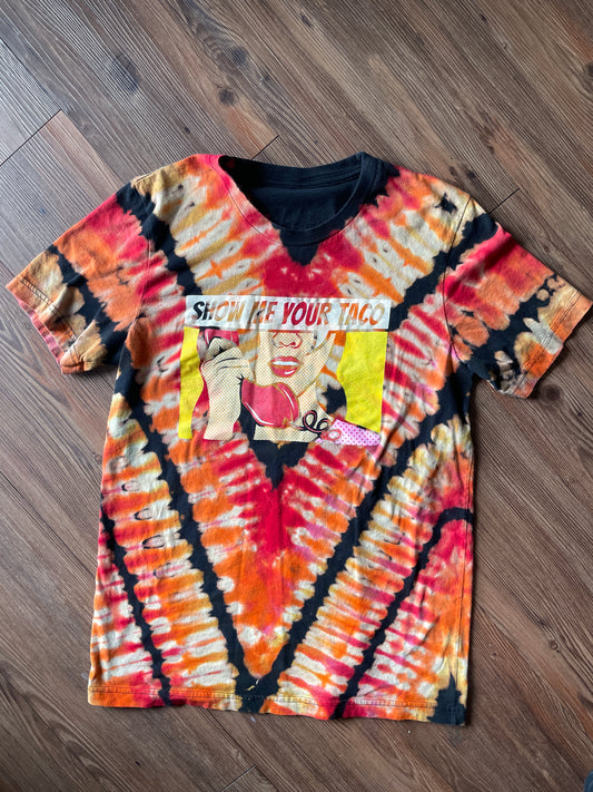 MEDIUM Men’s Show Me Your Taco Handmade Reverse Tie Dye T-Shirt | Black, Red, and Orange V-Pleated Short Sleeve