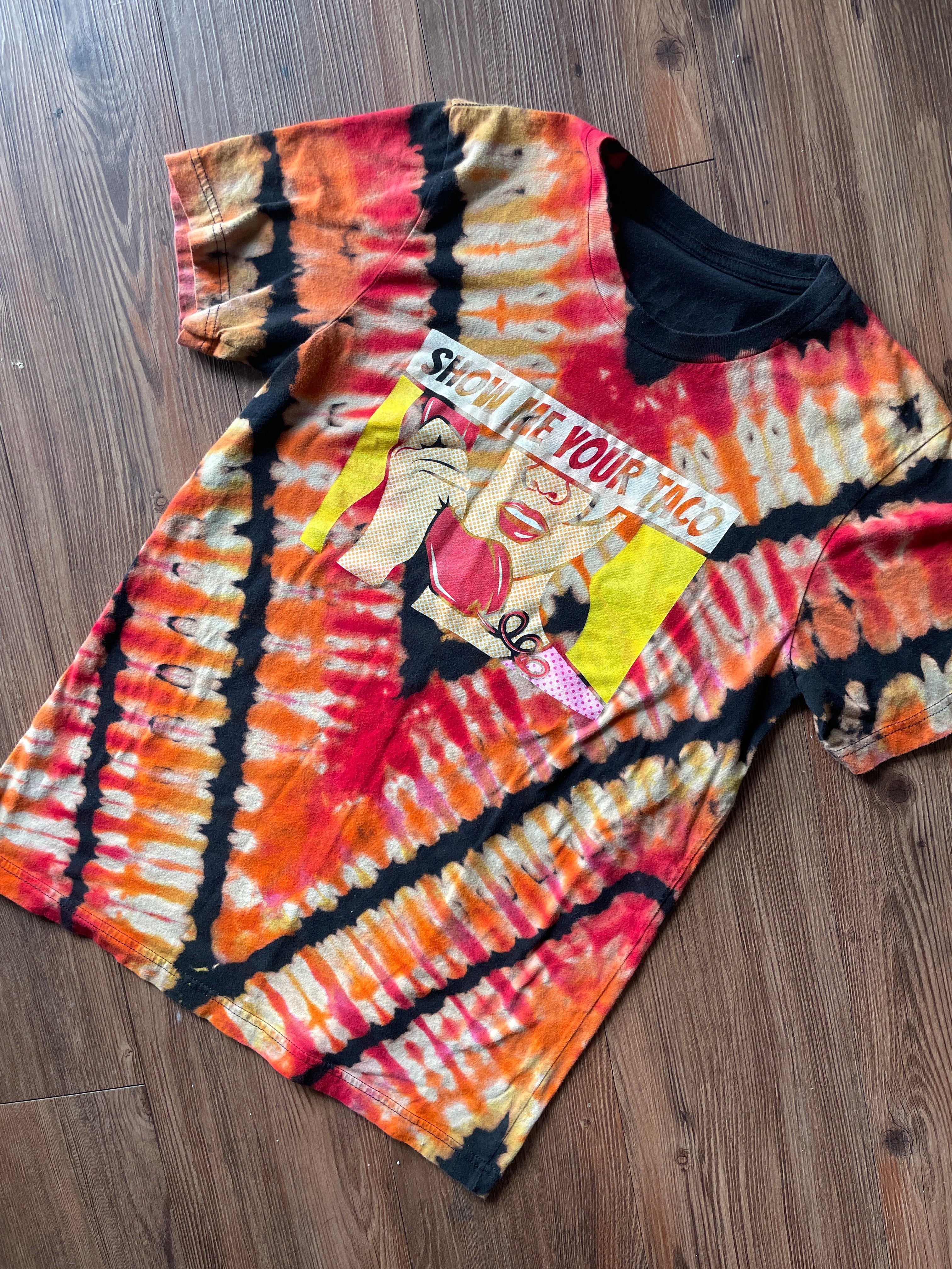 MEDIUM Men’s Show Me Your Taco Handmade Reverse Tie Dye T-Shirt | Black, Red, and Orange V-Pleated Short Sleeve