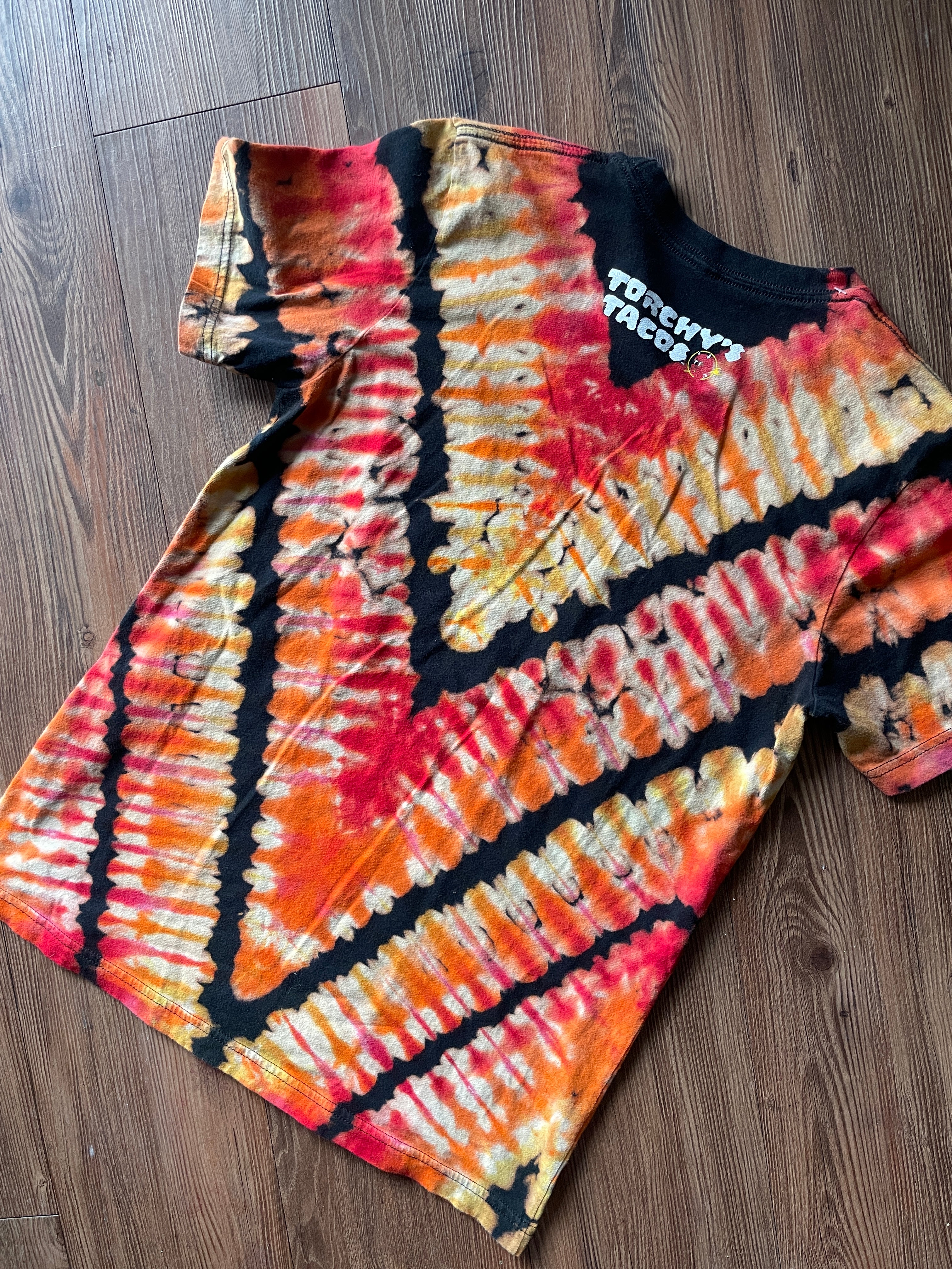 MEDIUM Men’s Show Me Your Taco Handmade Reverse Tie Dye T-Shirt | Black, Red, and Orange V-Pleated Short Sleeve