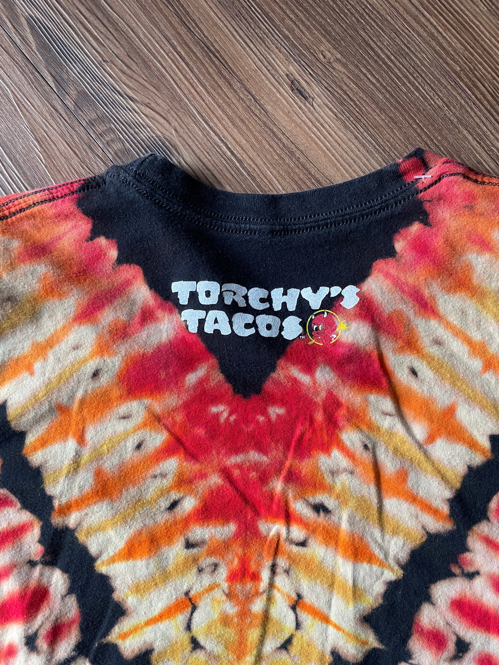 MEDIUM Men’s Show Me Your Taco Handmade Reverse Tie Dye T-Shirt | Black, Red, and Orange V-Pleated Short Sleeve