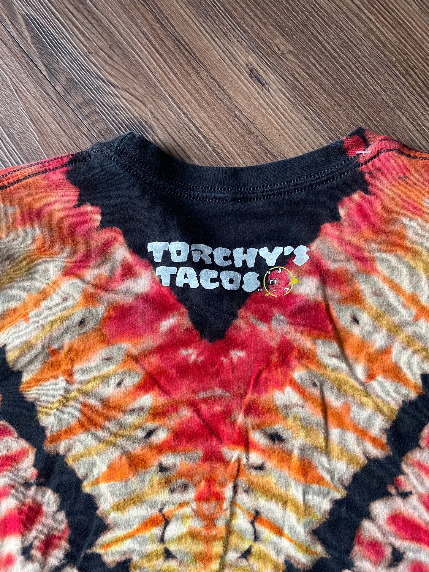 MEDIUM Men’s Show Me Your Taco Handmade Reverse Tie Dye T-Shirt | Black, Red, and Orange V-Pleated Short Sleeve