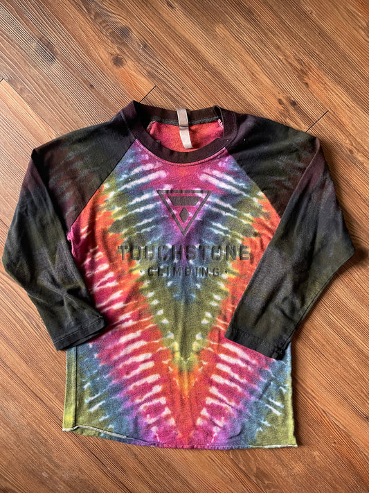XS Women’s Crag to Crux Touchstone Climbing Handmade Tie Dye T-Shirt | Rainbow V-Pleated Baseball Tee