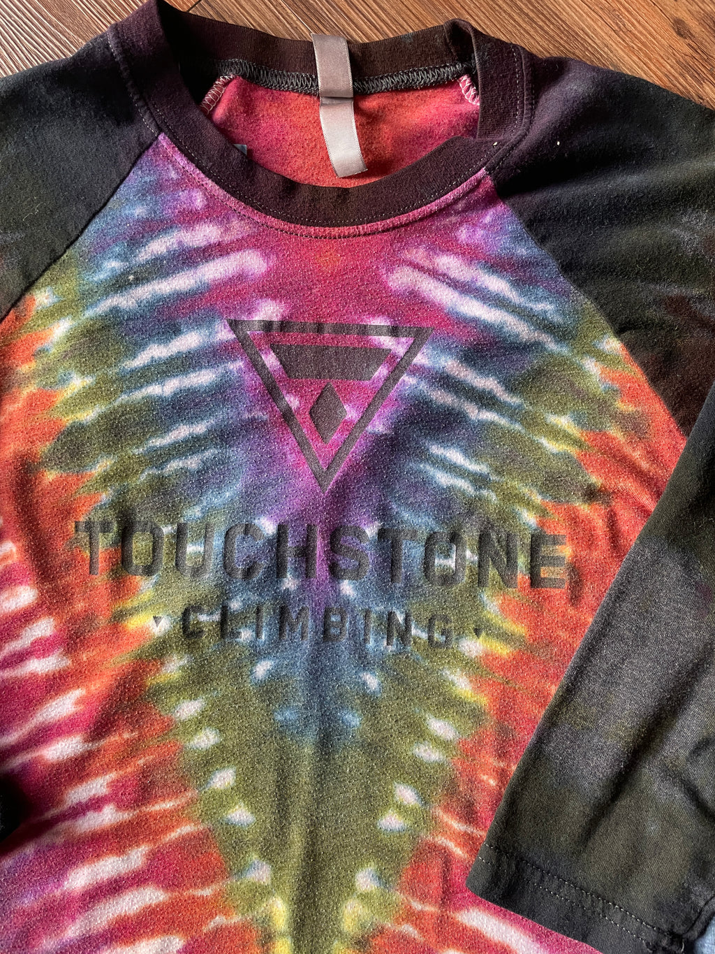 XS Women’s Crag to Crux Touchstone Climbing Handmade Tie Dye T-Shirt | Rainbow V-Pleated Baseball Tee