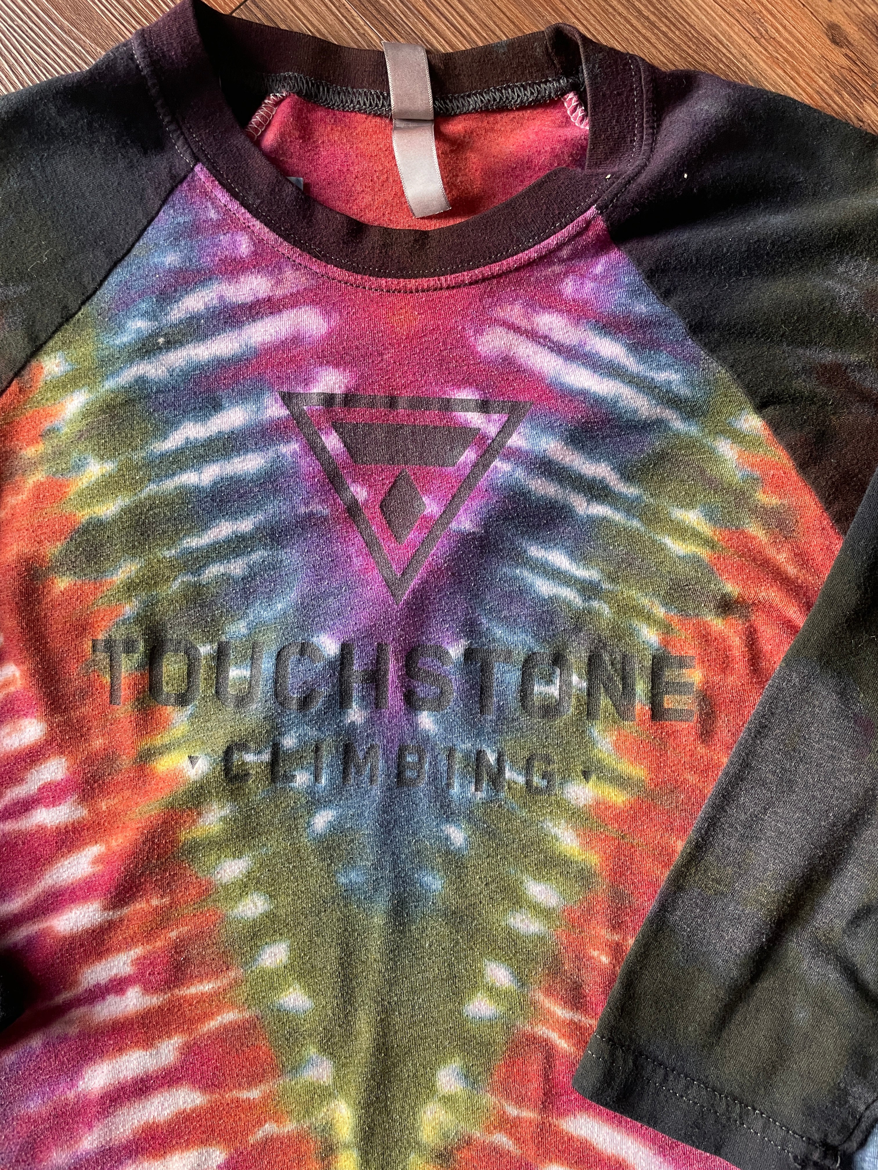 XS Women’s Crag to Crux Touchstone Climbing Handmade Tie Dye T-Shirt | Rainbow V-Pleated Baseball Tee