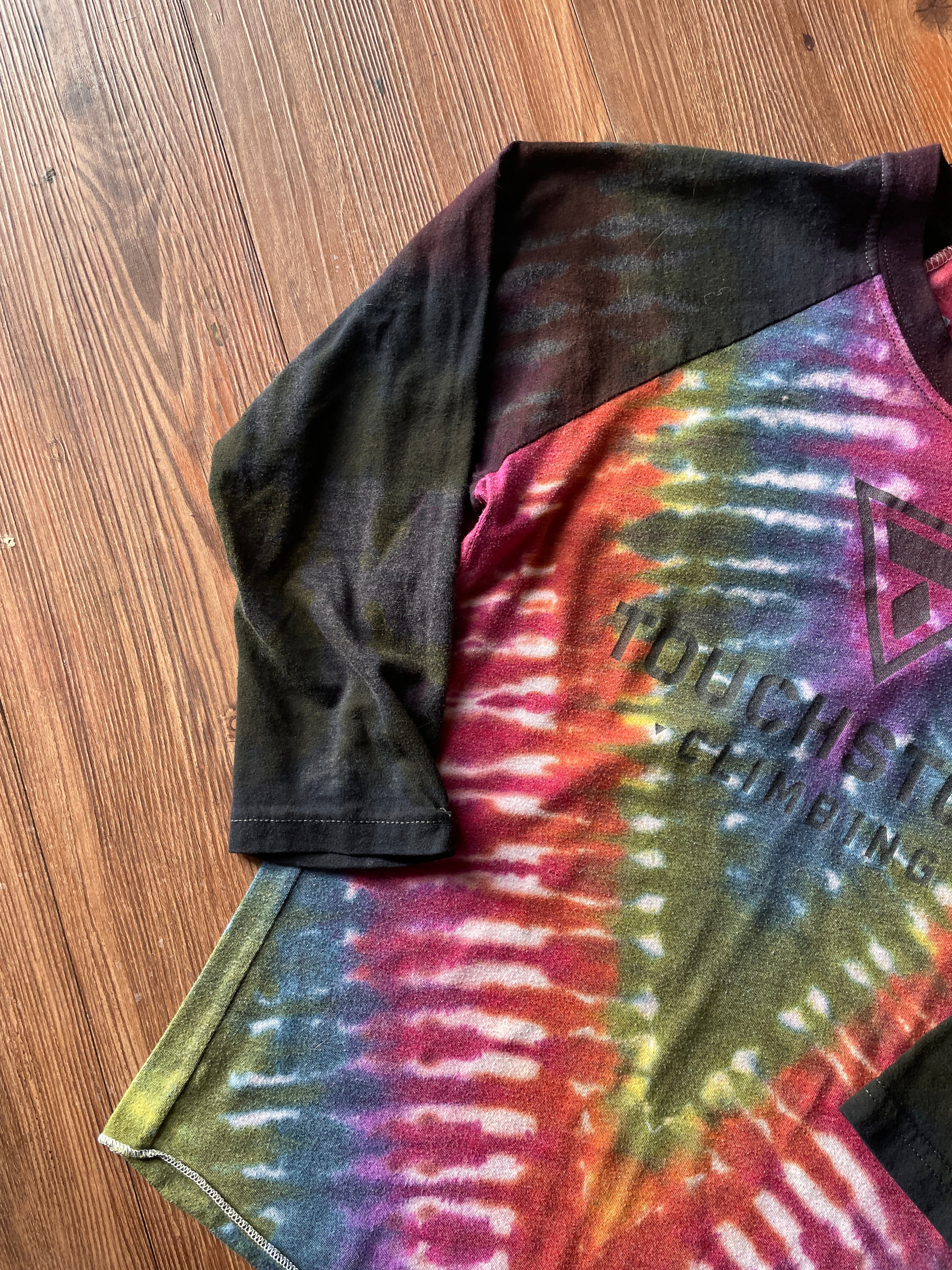 XS Women’s Crag to Crux Touchstone Climbing Handmade Tie Dye T-Shirt | Rainbow V-Pleated Baseball Tee