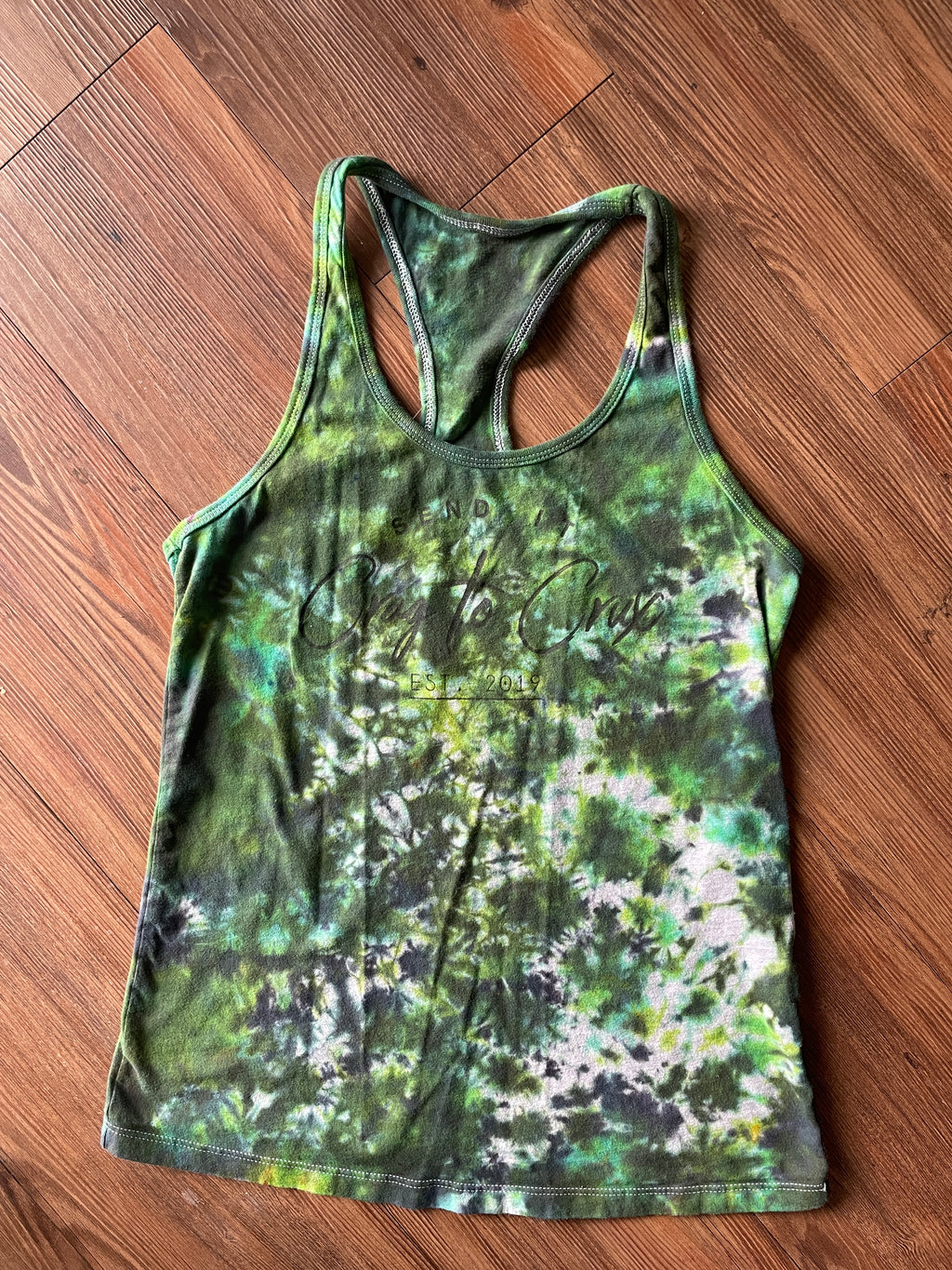 SMALL Women’s Send It Crag to Crag Tie Dye Racerback Tank Top | Green Crumpled Tank Top