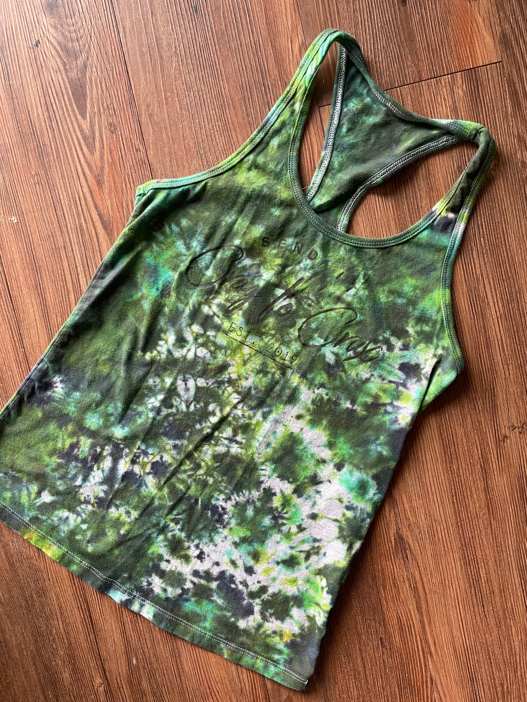 SMALL Women’s Send It Crag to Crag Tie Dye Racerback Tank Top | Green Crumpled Tank Top