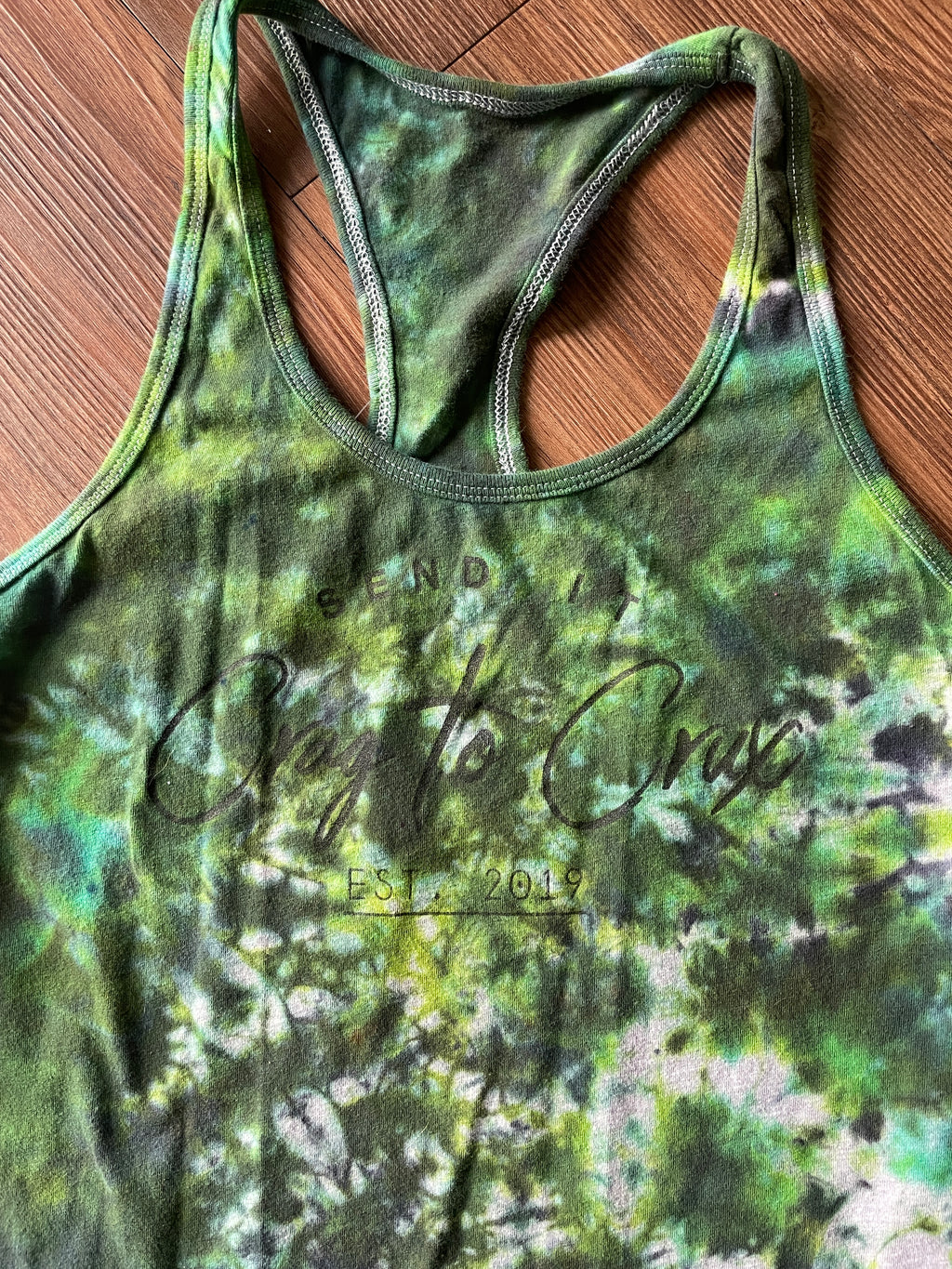 SMALL Women’s Send It Crag to Crag Tie Dye Racerback Tank Top | Green Crumpled Tank Top