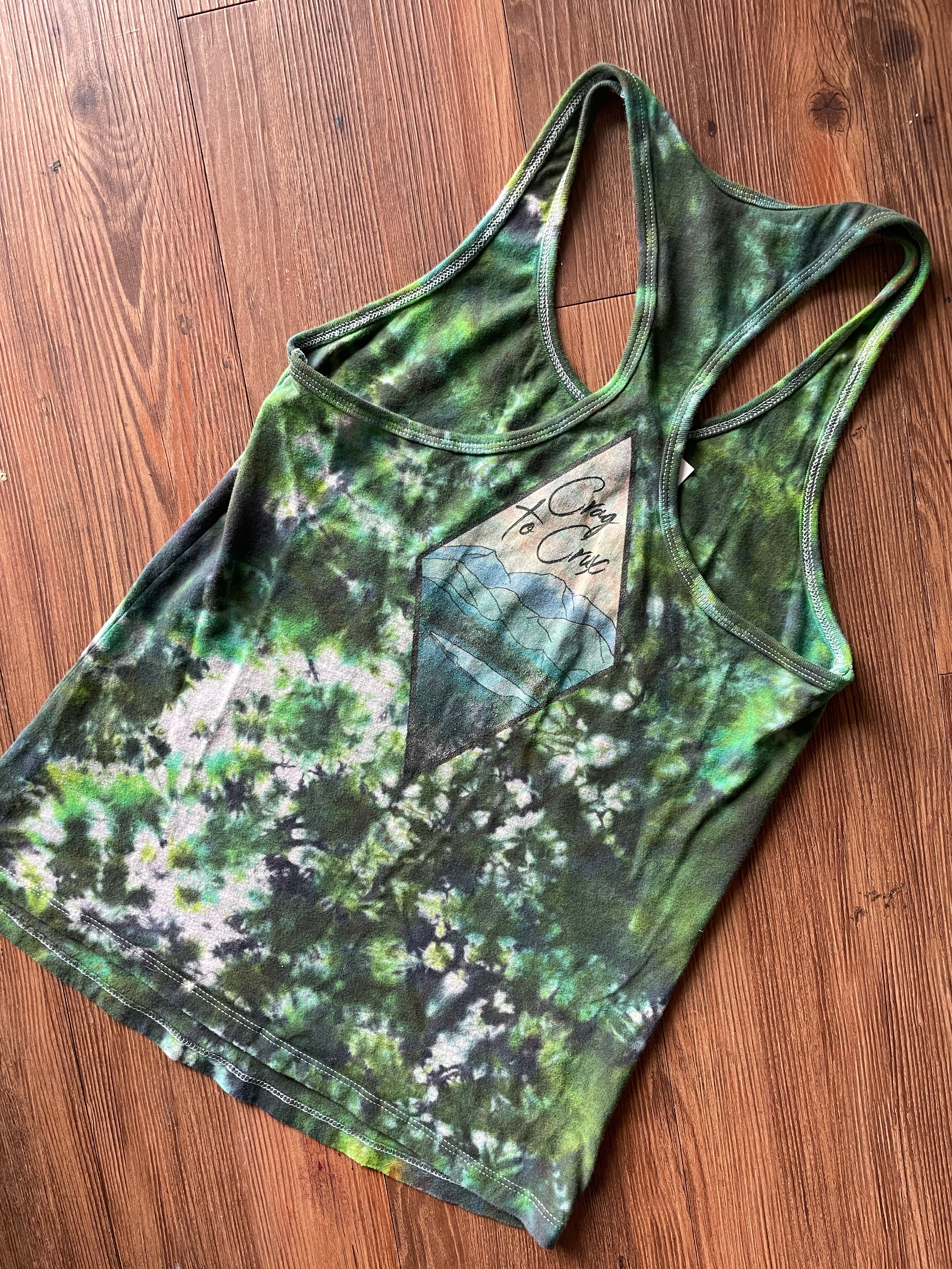 SMALL Women’s Send It Crag to Crag Tie Dye Racerback Tank Top | Green Crumpled Tank Top