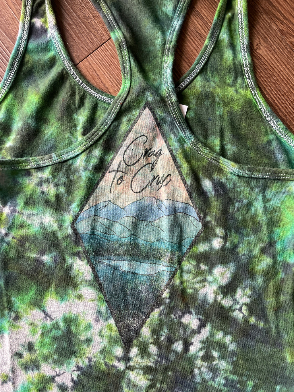 SMALL Women’s Send It Crag to Crag Tie Dye Racerback Tank Top | Green Crumpled Tank Top