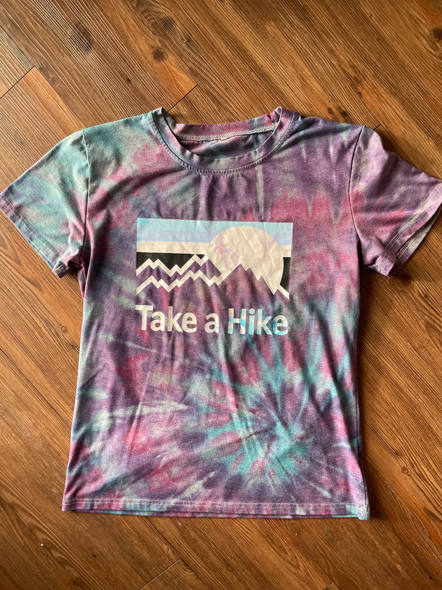 LARGE Men’s Take a Hike Mountains Galaxy Spiral Tie Dye T-Shirt | Pastel Purple and Blue Ice Dye Short Sleeve