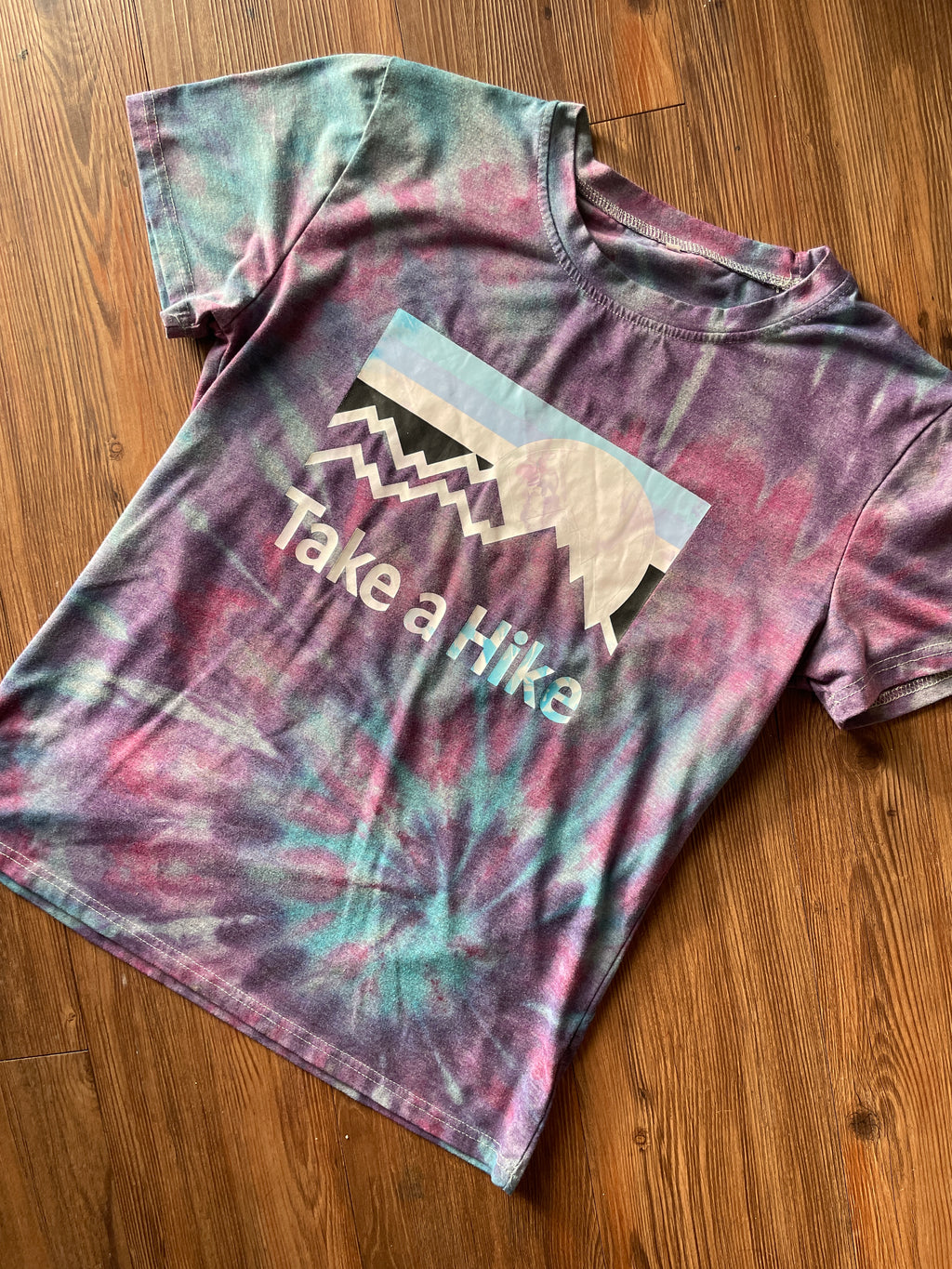 LARGE Men’s Take a Hike Mountains Galaxy Spiral Tie Dye T-Shirt | Pastel Purple and Blue Ice Dye Short Sleeve